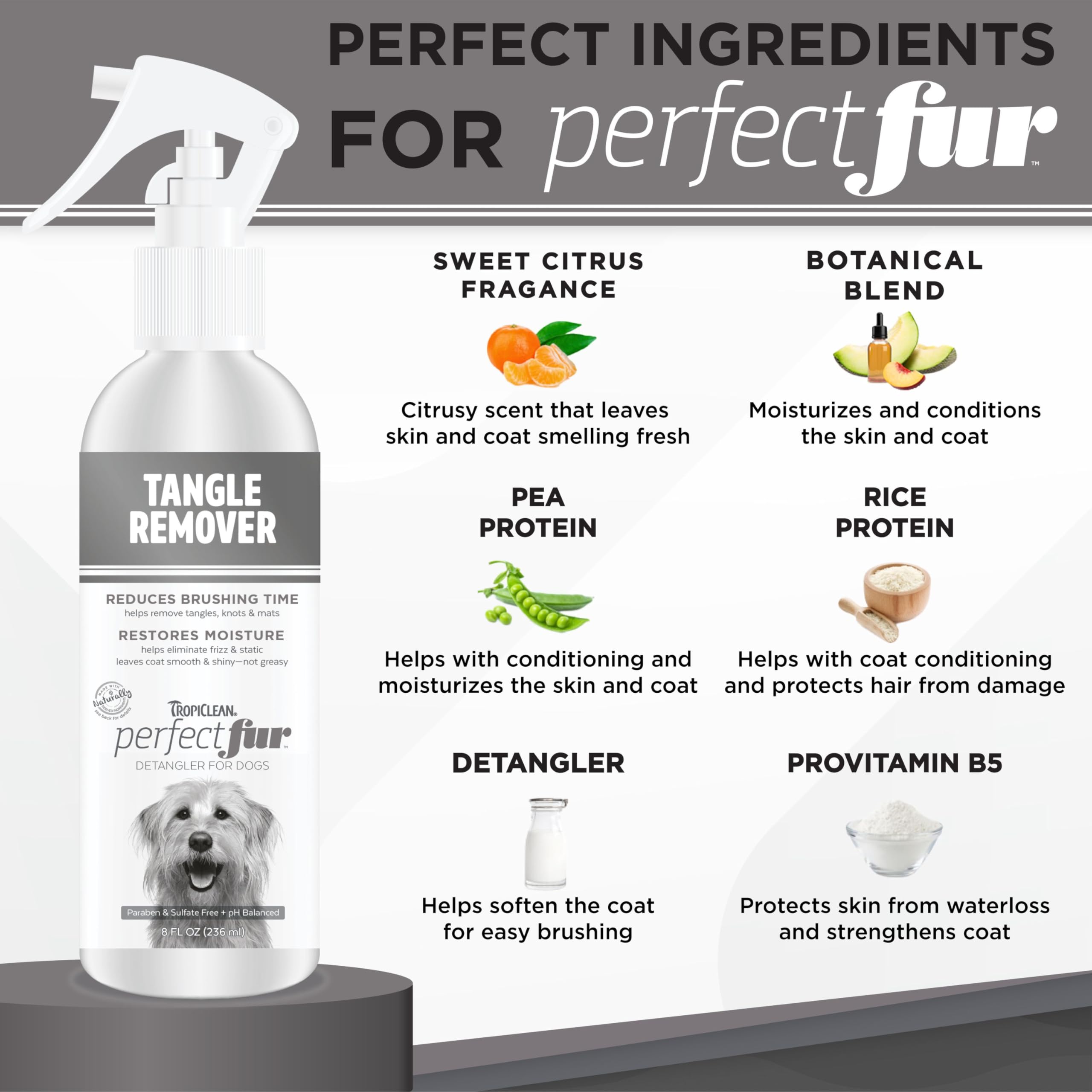 TropiClean Perfect FurDetangler ready for dog brushing to detangle knots.