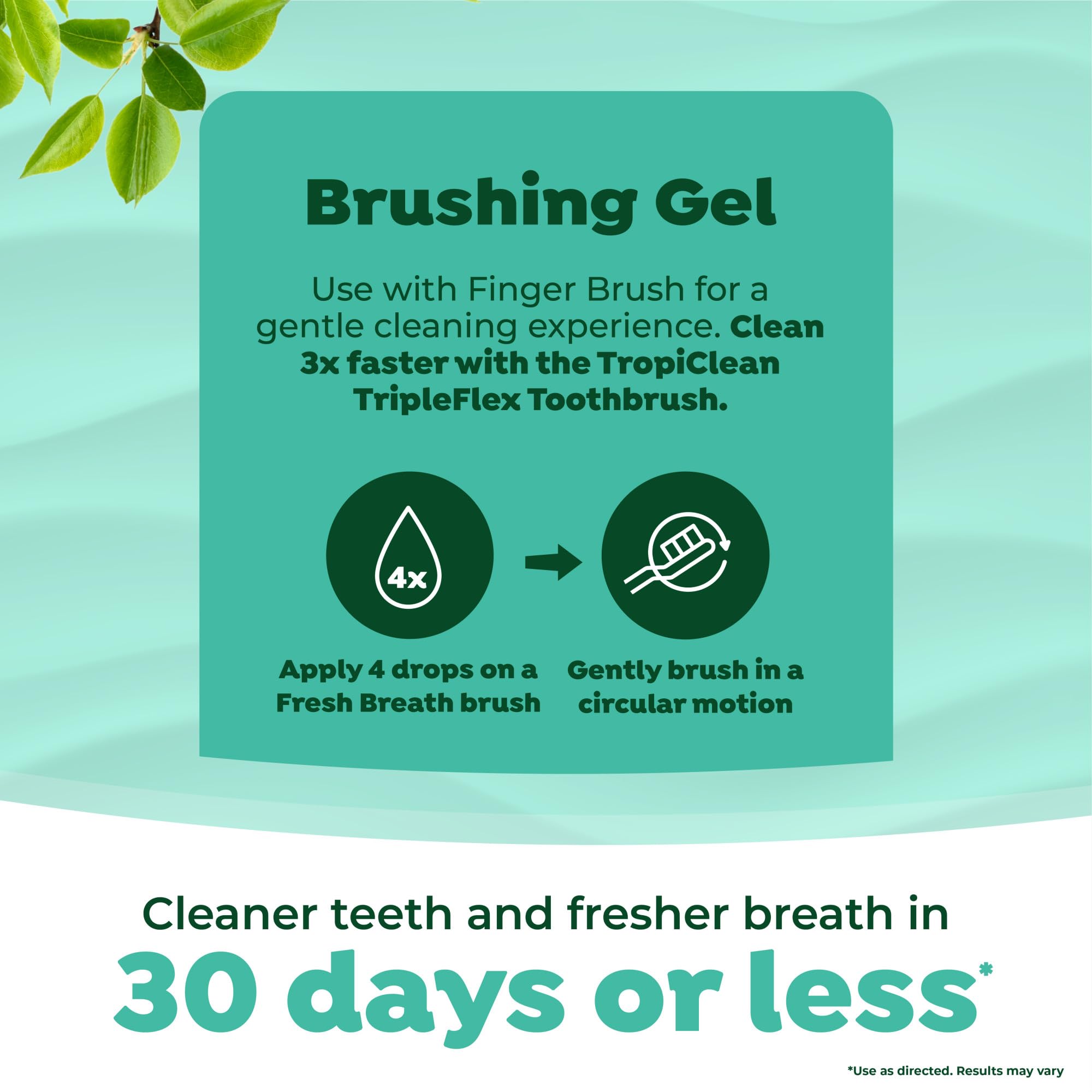 TropiClean dental kit in use on a small dog for care.