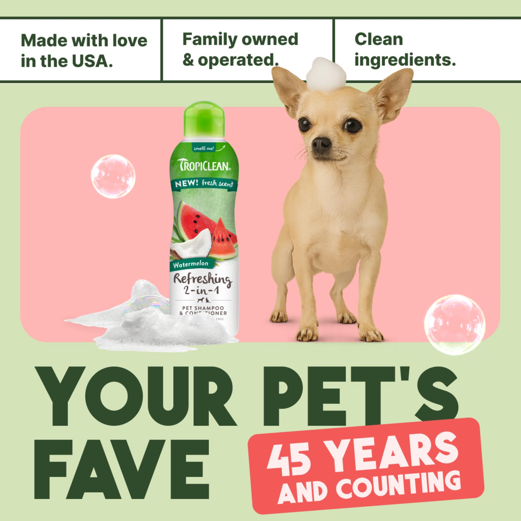 TropiClean Watermelon 2 en 1, uso doméstico sencillo para gatos y perros.