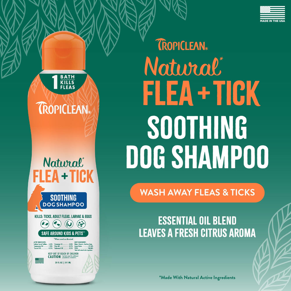 TropiClean Soothing Flea and Tick Shampoo bottle pour demonstrates easy application