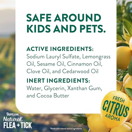 TropiClean Soothing Flea and Tick Shampoo label close-up highlights lemongrass and cocoa butter