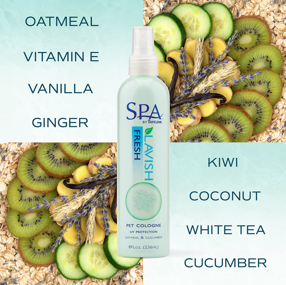 TropiClean SPA Fresh nutrients oatmeal and vitamin E in spray for moisturized coat.
