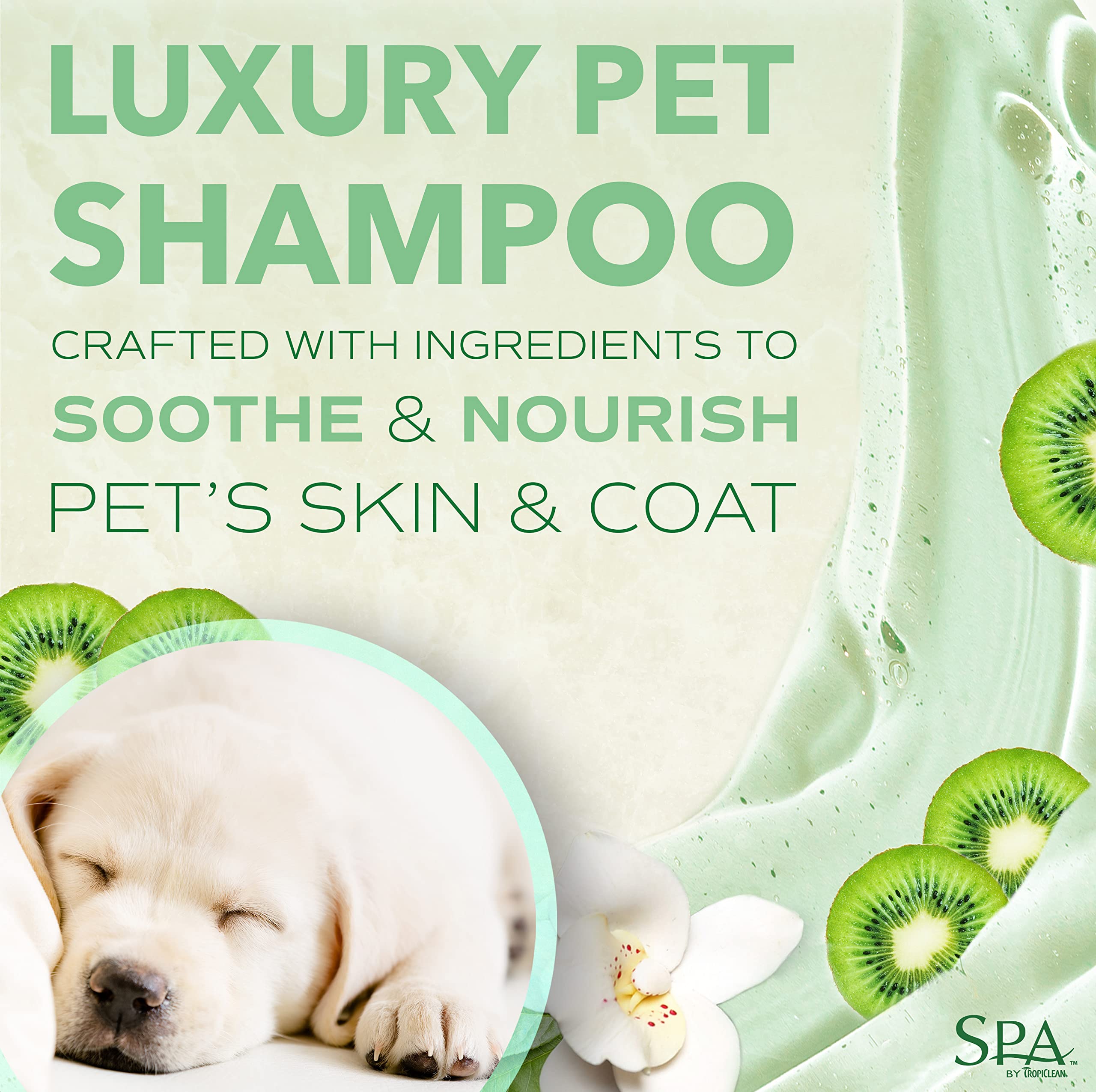 TropiClean Spa Lavish Dog Shampoo during bath scene shows luxurious lather and soothing scent.