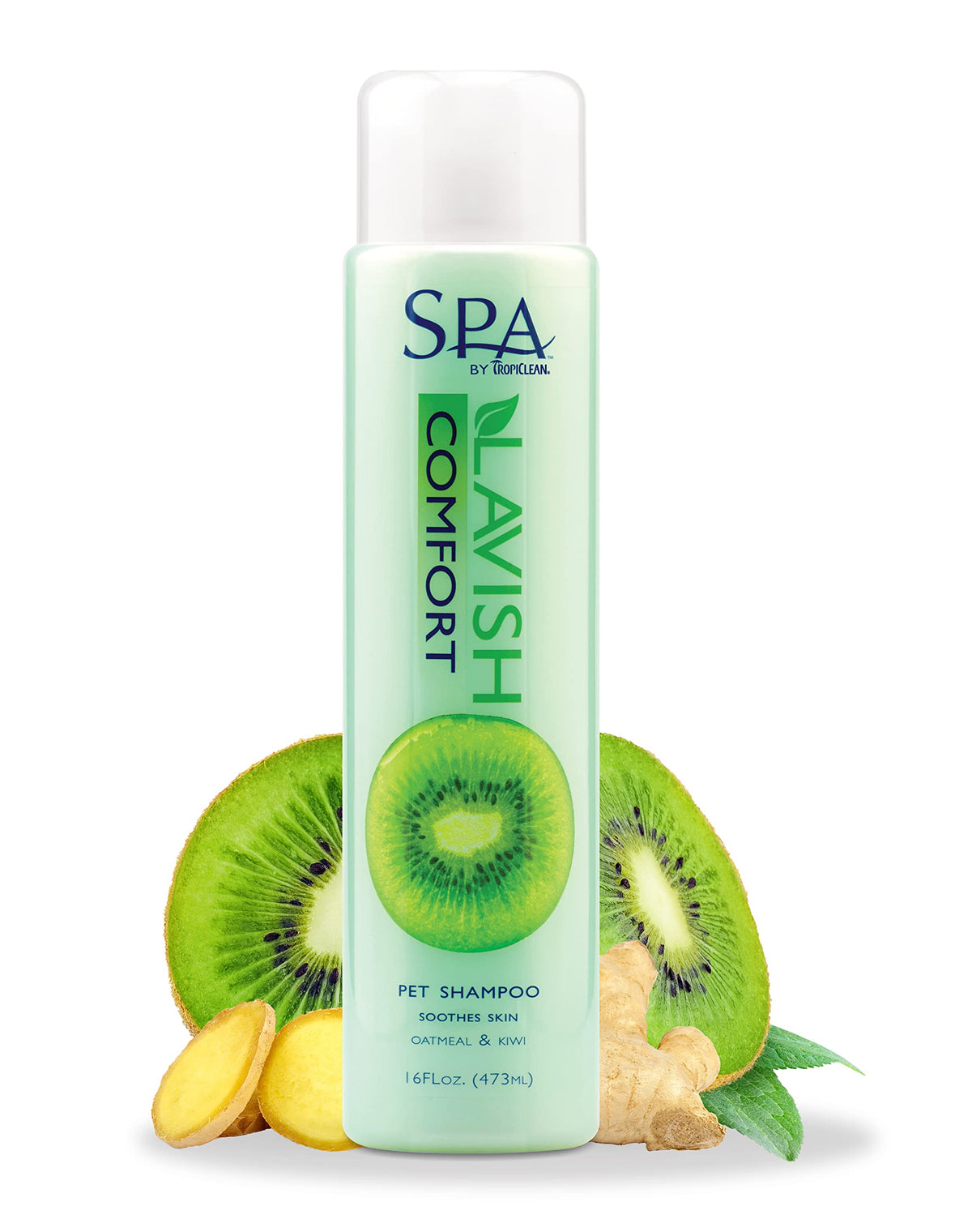 TropiClean Spa Lavish Dog Shampoo bottle front for calming bath time and deodorizing routine.
