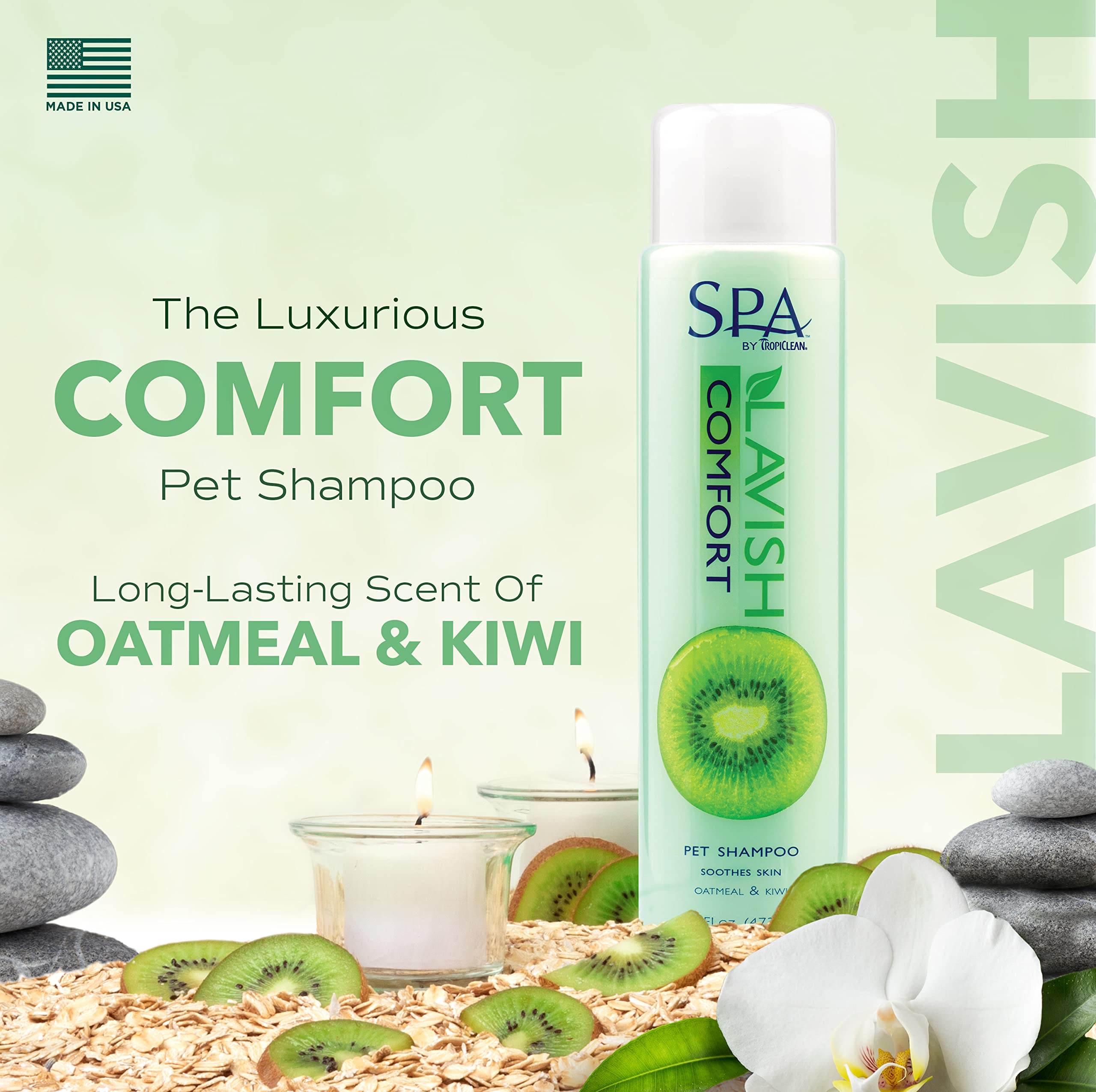 TropiClean Spa Lavish Dog Shampoo label close-up highlights natural ingredients for coat care.