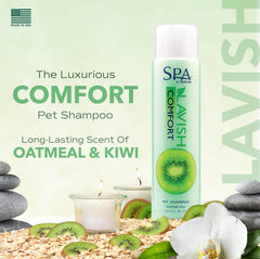 TropiClean Spa Lavish Dog Shampoo label close-up highlights natural ingredients for coat care.