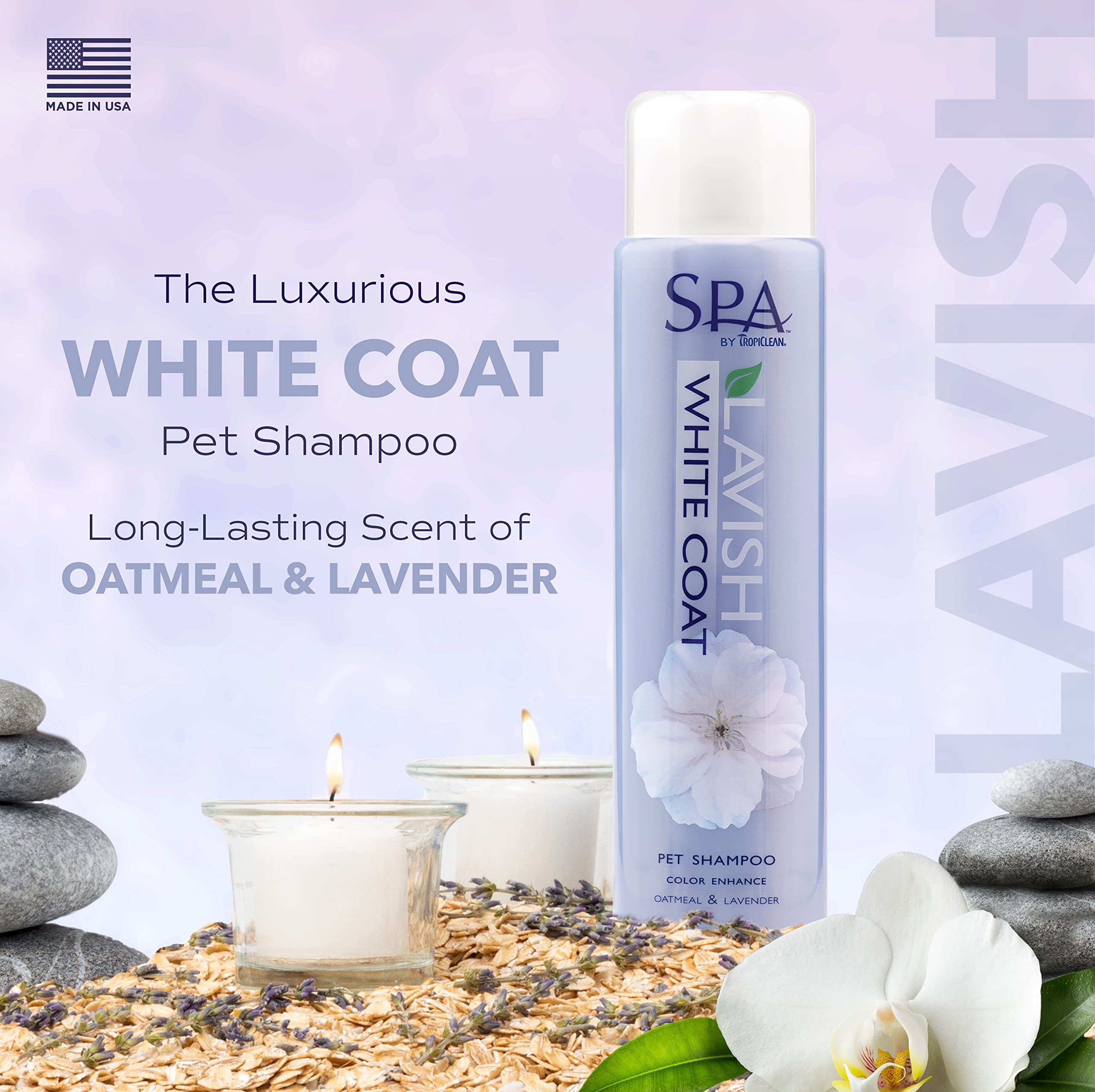 TropiClean SPA Lavish shampoo on white coat helps prevent fading and brightens color.