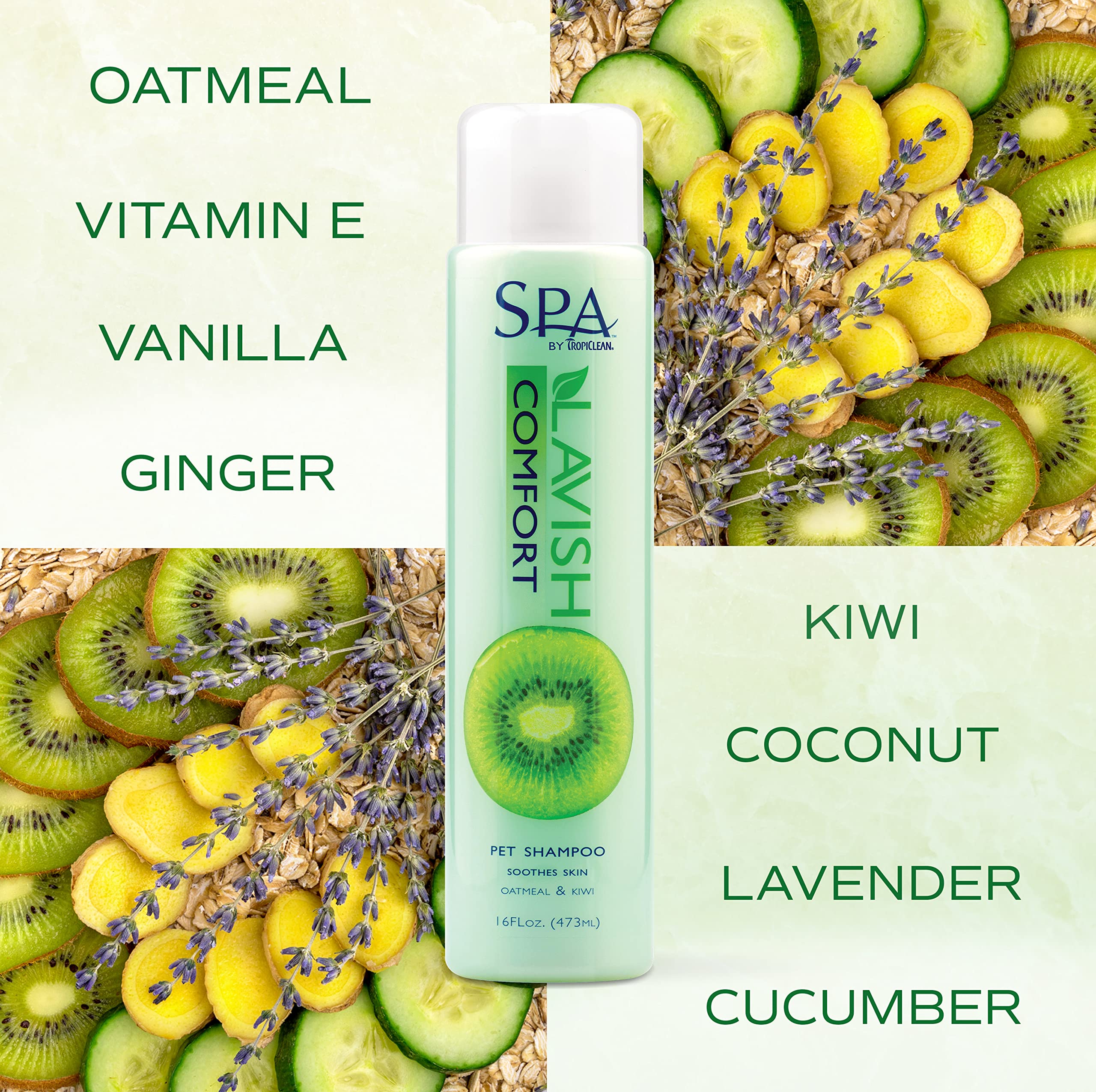 TropiClean Spa Lavish ingredients close-up emphasizes oatmeal and wheat protein for nourishment.