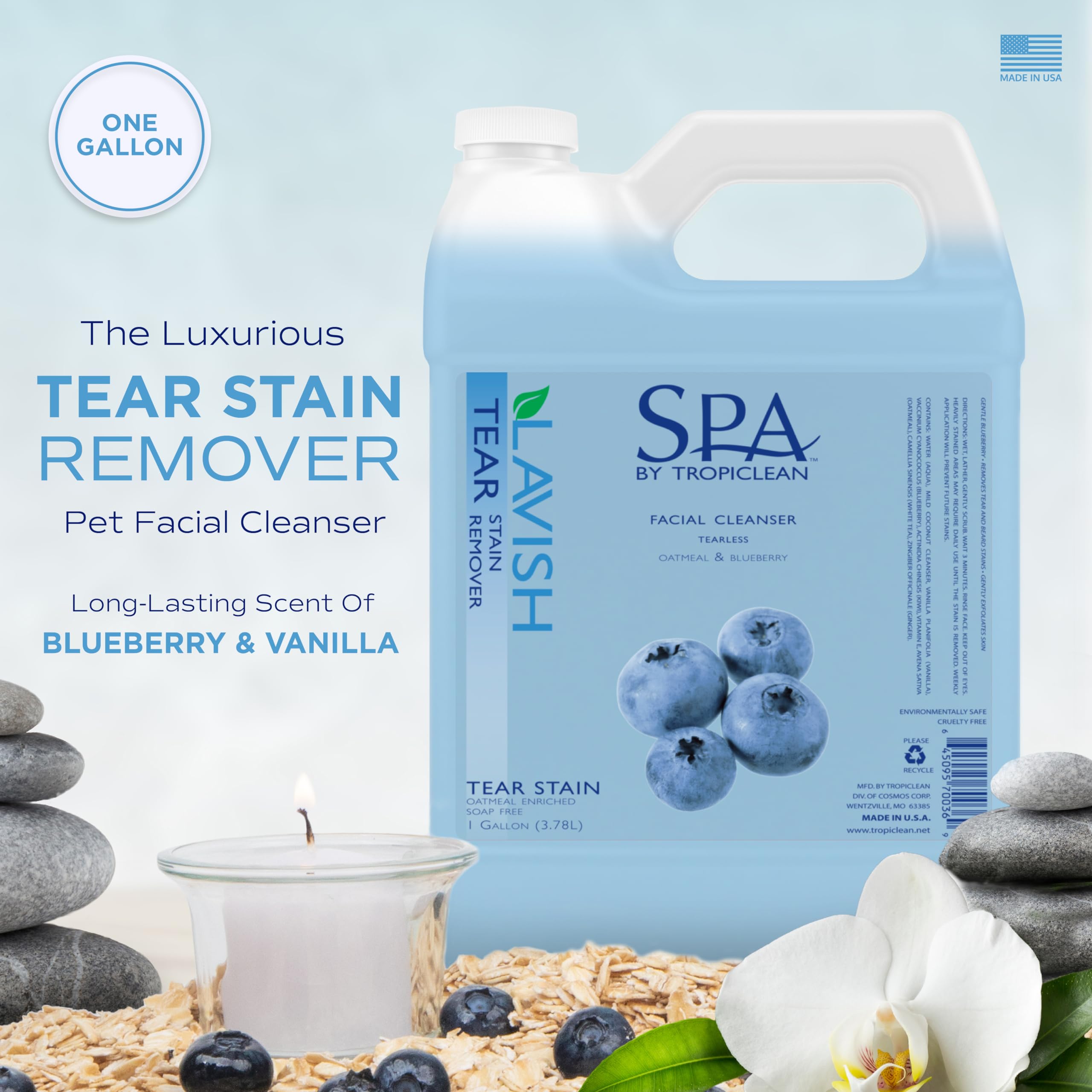 TropiClean SPA tear stain remover bottle pour showing easy application during grooming.