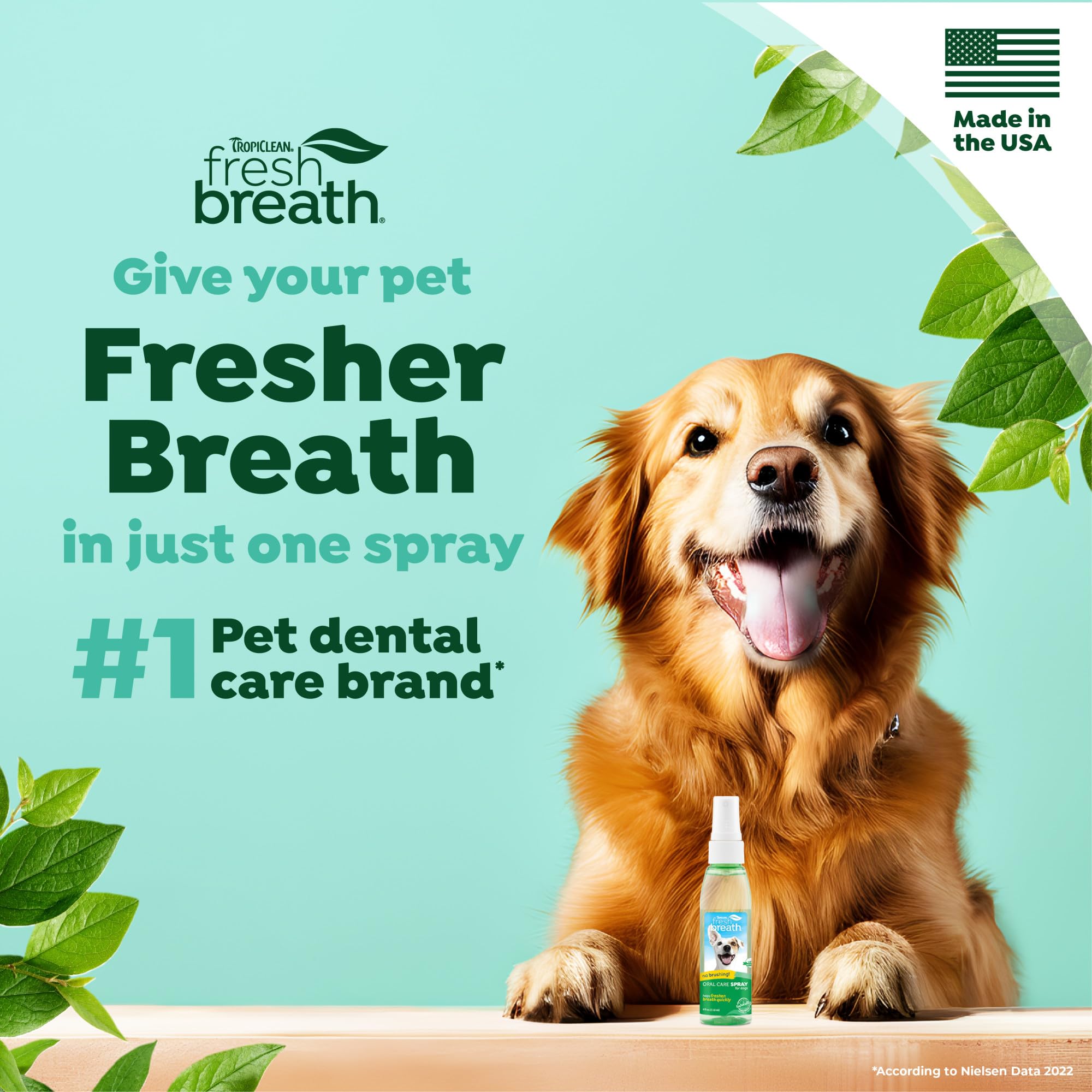 TropiClean USA-made breath spray label emphasizes safety and quality for pets.