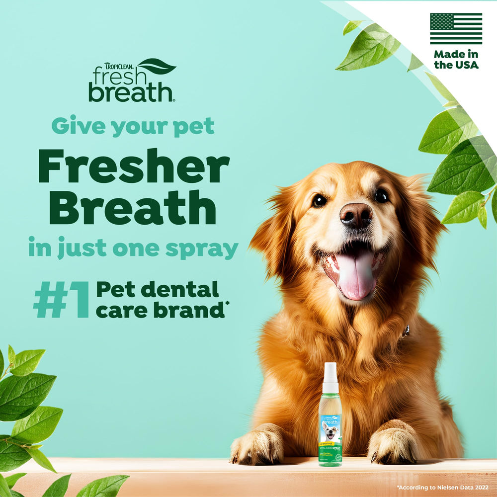 TropiClean USA-made breath spray label emphasizes safety and quality for pets.