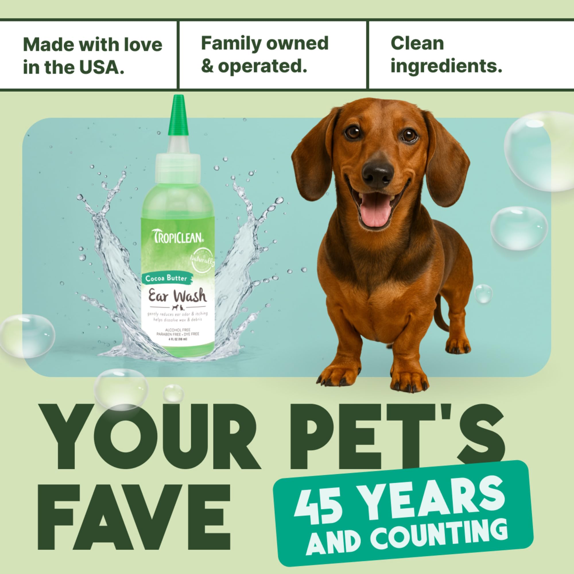 TropiClean USA-made seal on packaging signals quality and local production.