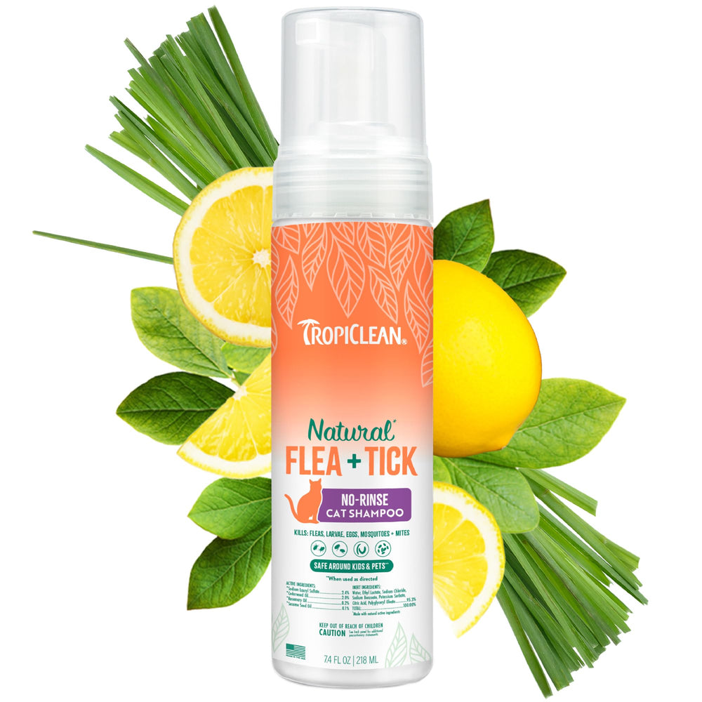 TropiClean waterless shampoo cat bottle for mess-free grooming.