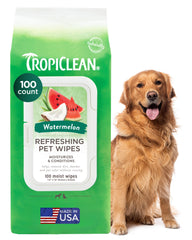 TropiClean Watermelon dog wipes for face, paws, and bottom for quick cleanups.