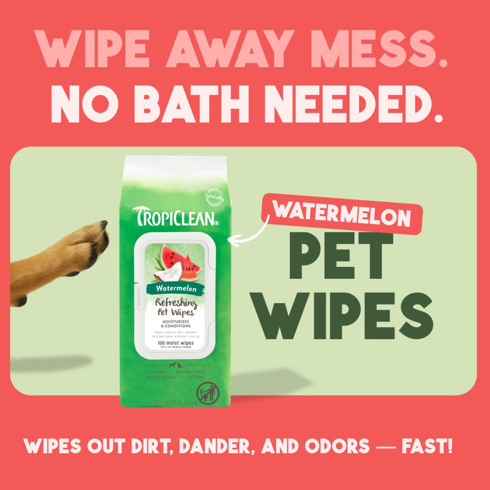 TropiClean Watermelon wipes for on-the-go use, ideal for quick pet spot cleans.