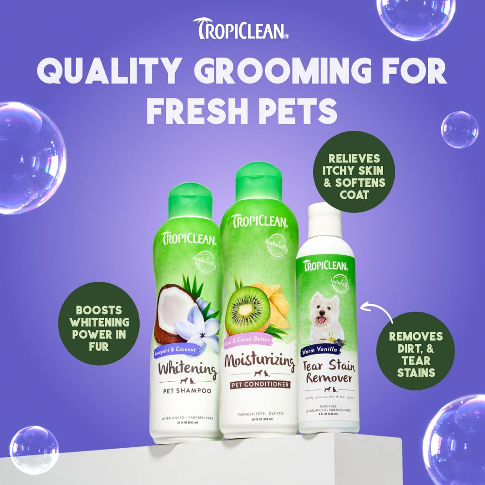 TropiClean whitening dog shampoo cat-friendly formula for multi-pet homes.