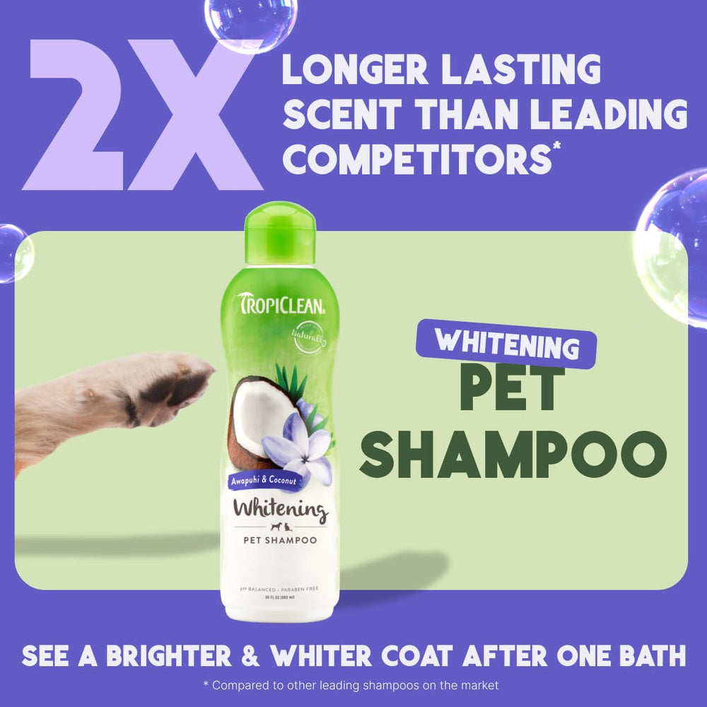 TropiClean whitening dog shampoo lather-foam provides rich cleansing suds.