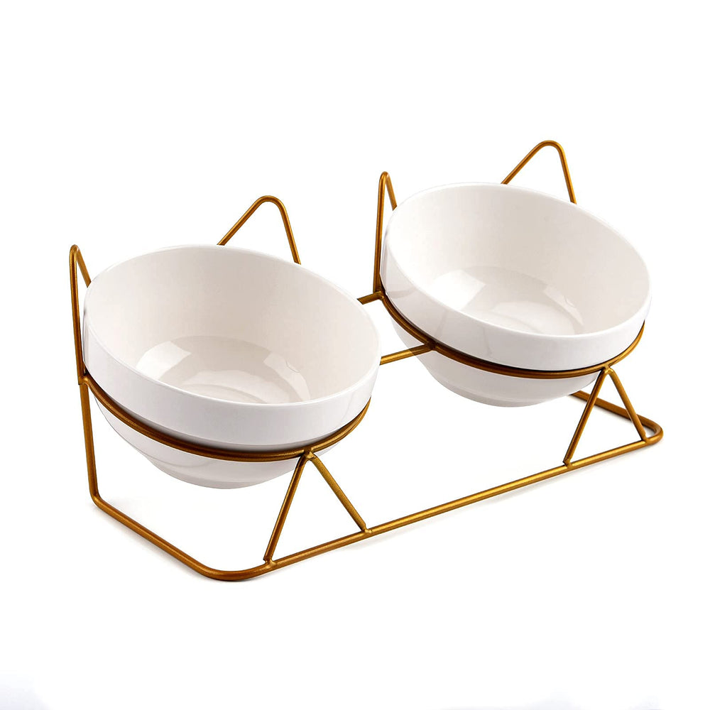Trosetry double ceramic cat bowls on tilted stand front view for neat meals.