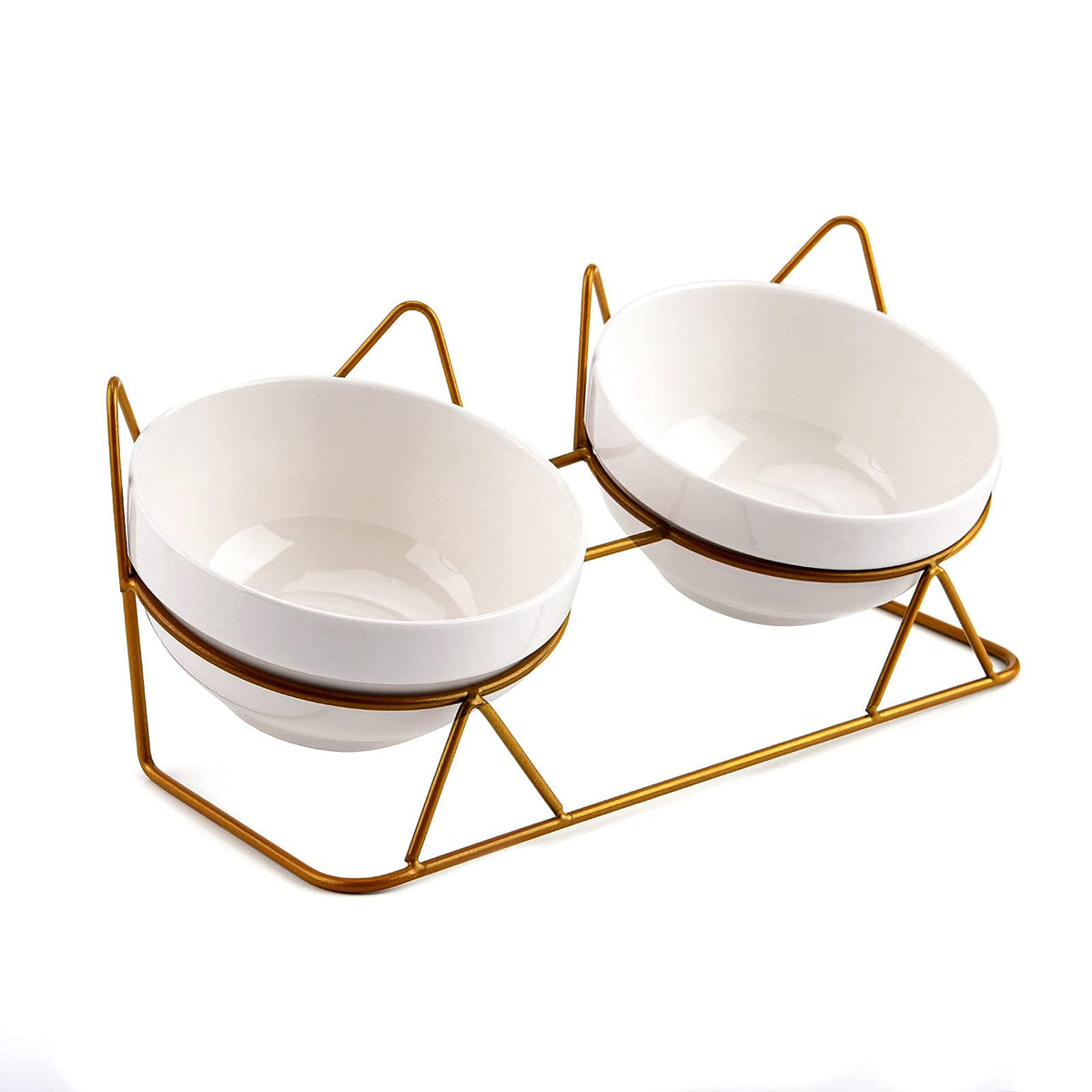 Trosetry double ceramic cat bowls on tilted stand front view for neat meals.