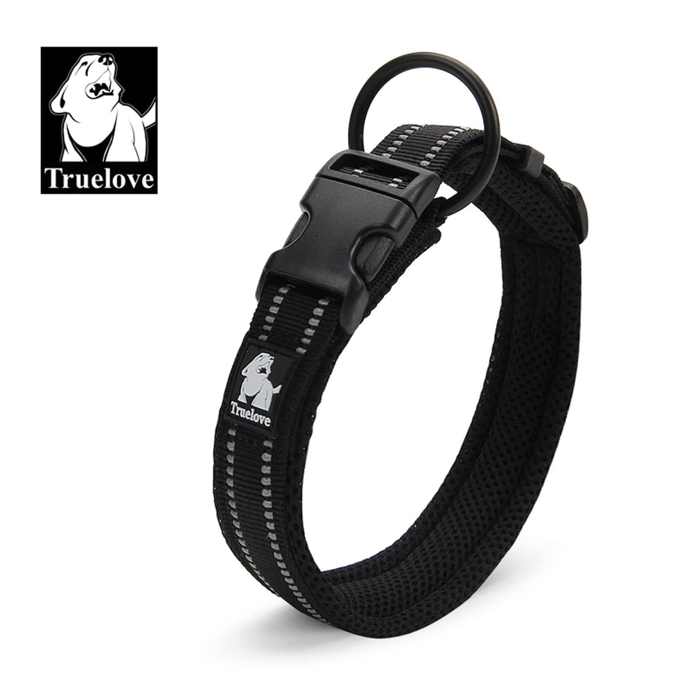 TRUE LOVE reflective collar glows at night for improved visibility.