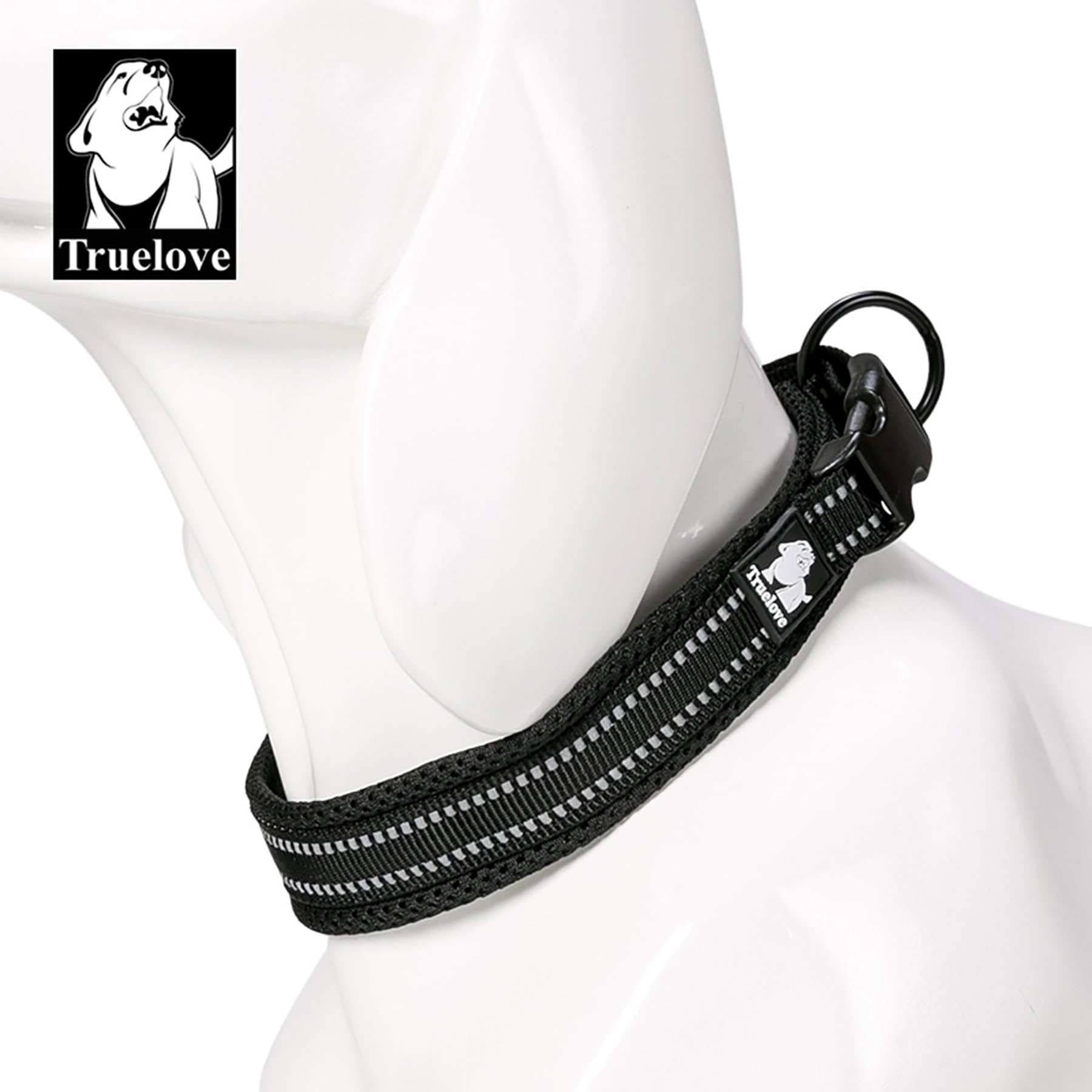 TRUE LOVE collar with stainless steel O-ring for secure leash attachment.