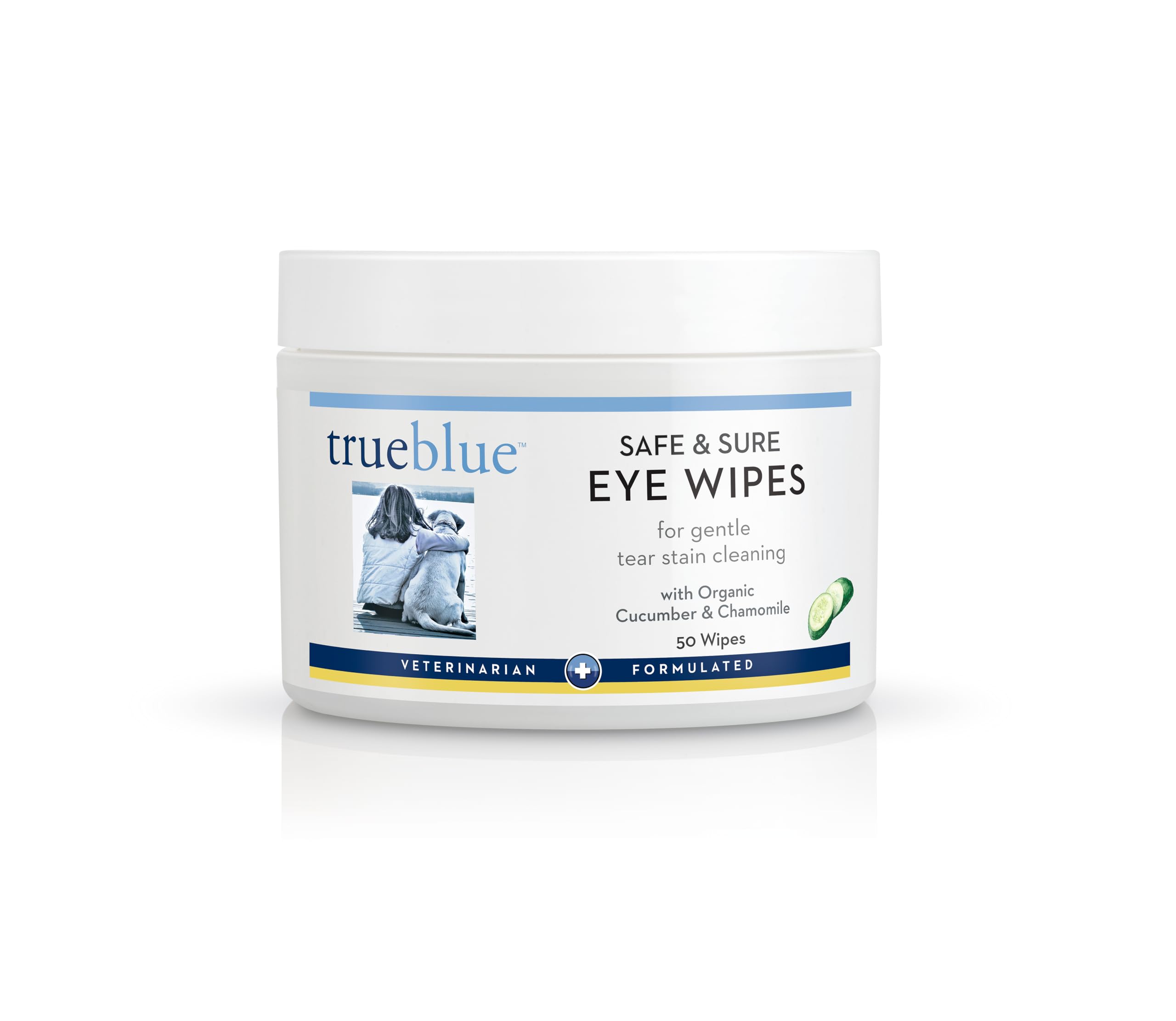 TrueBlue cucumber-chamomile eye wipes packaging for convenient dog eye care on the go.