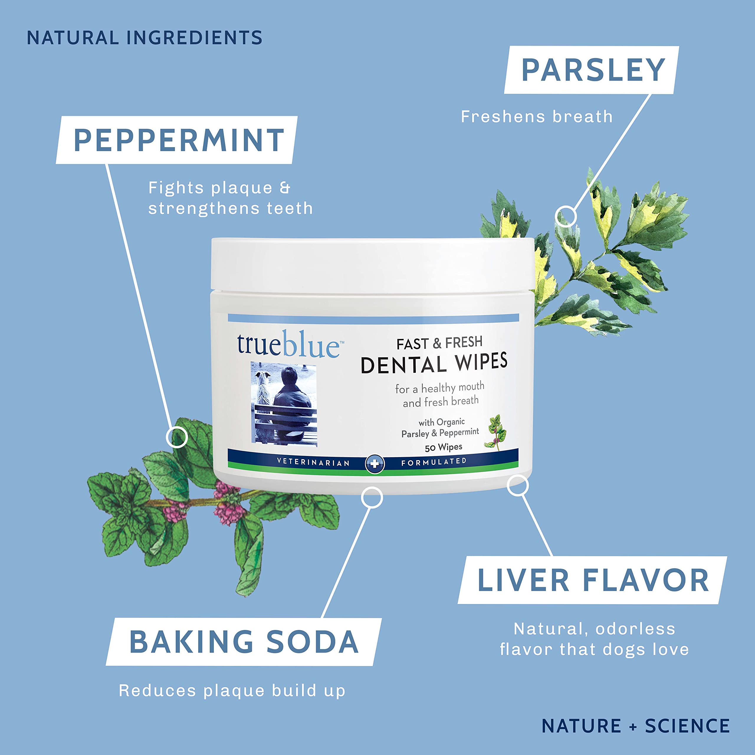 TrueBlue wipes with baking soda and peppermint for breath-friendly cleansing.