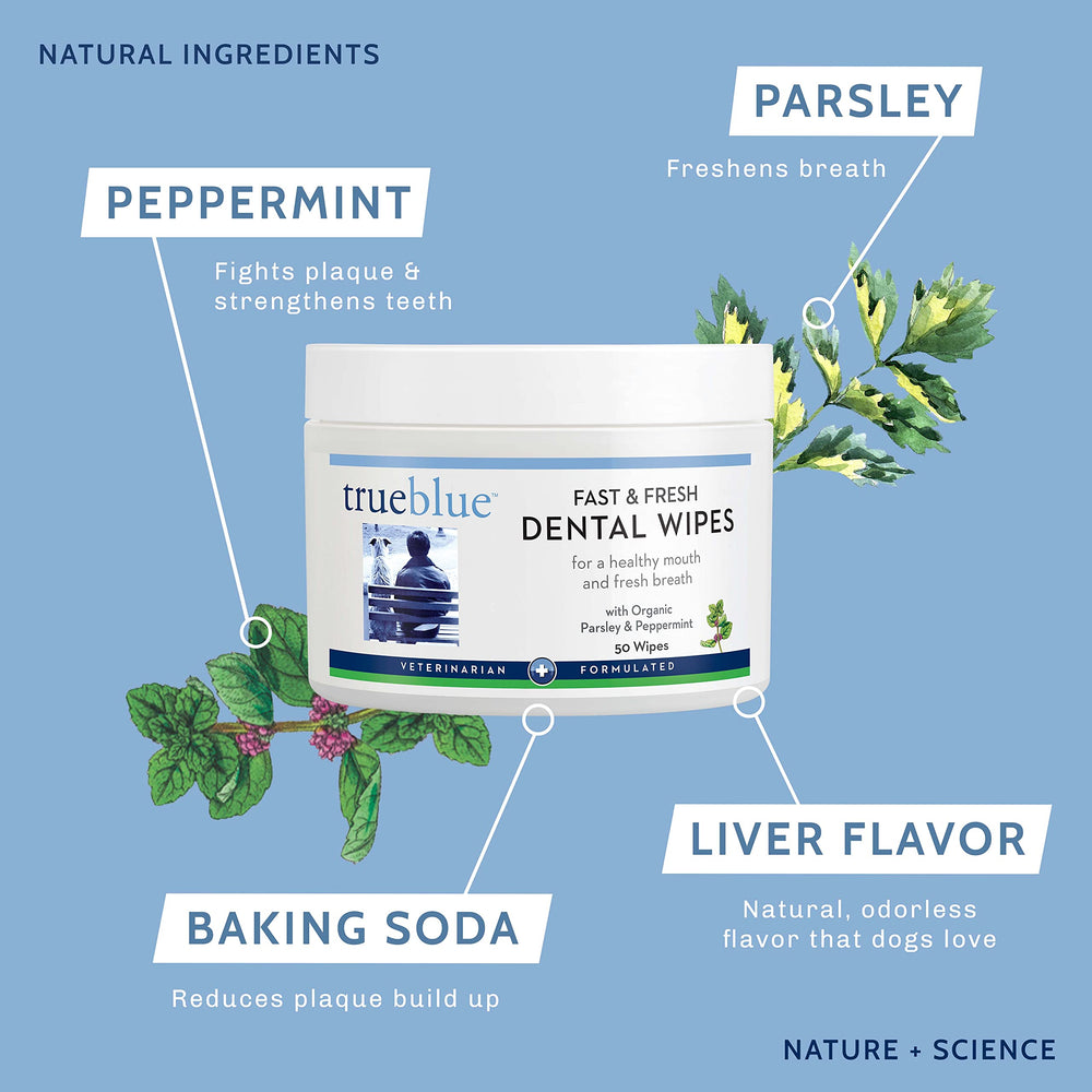 TrueBlue wipes with baking soda and peppermint for breath-friendly cleansing.