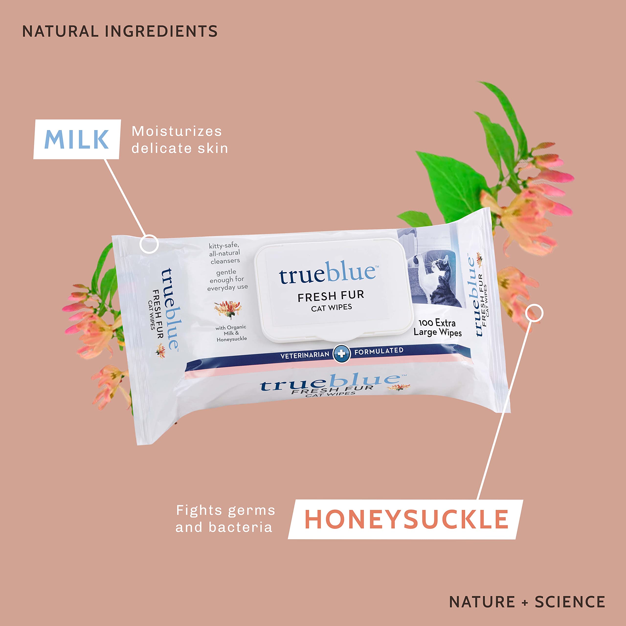 TrueBlue Milk & Honeysuckle Fresh Fur Wipes coat image demonstrates gentle cleansing for fur without residue.
