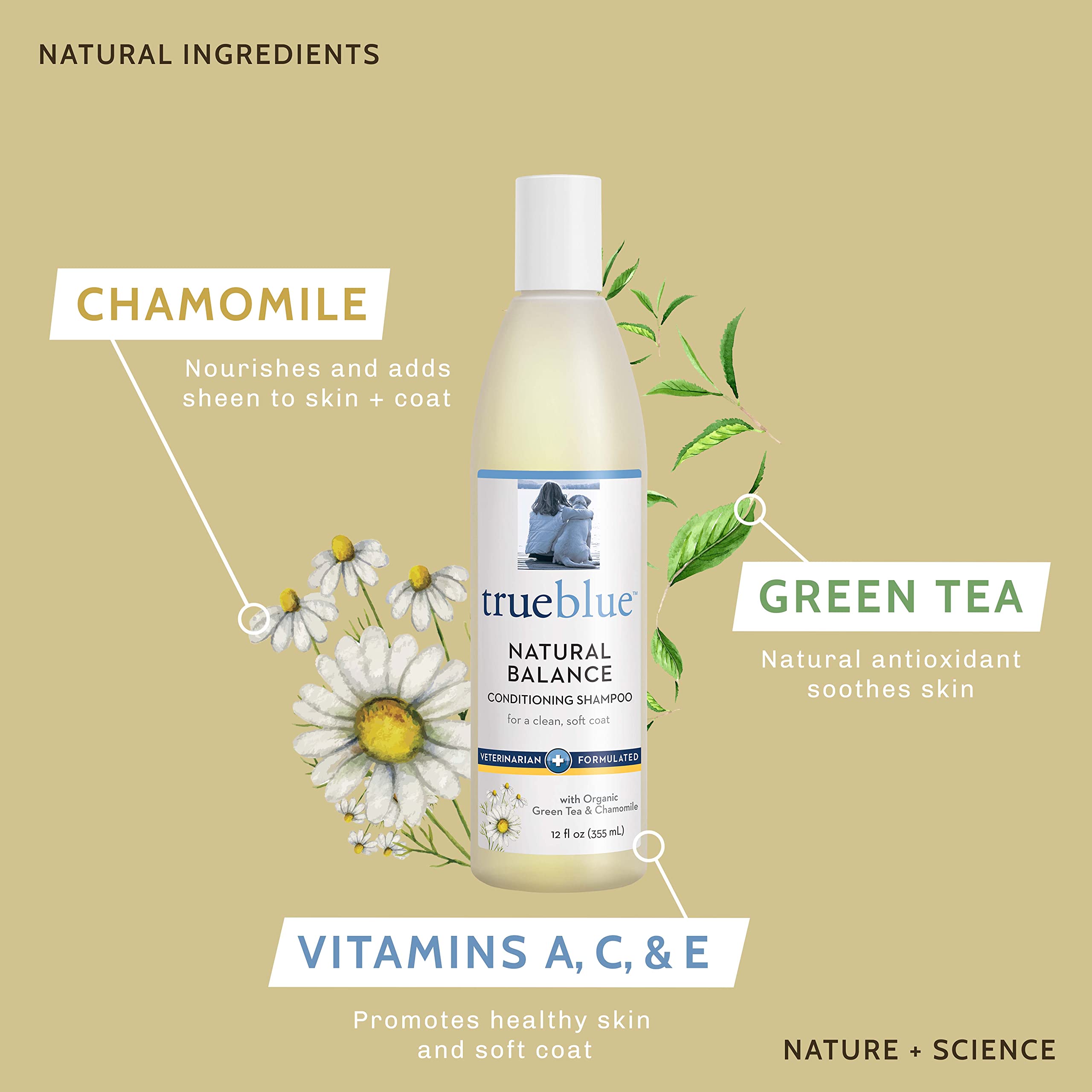 TrueBlue Natural Balance chamomile promotes coat shine and soothing grooming.