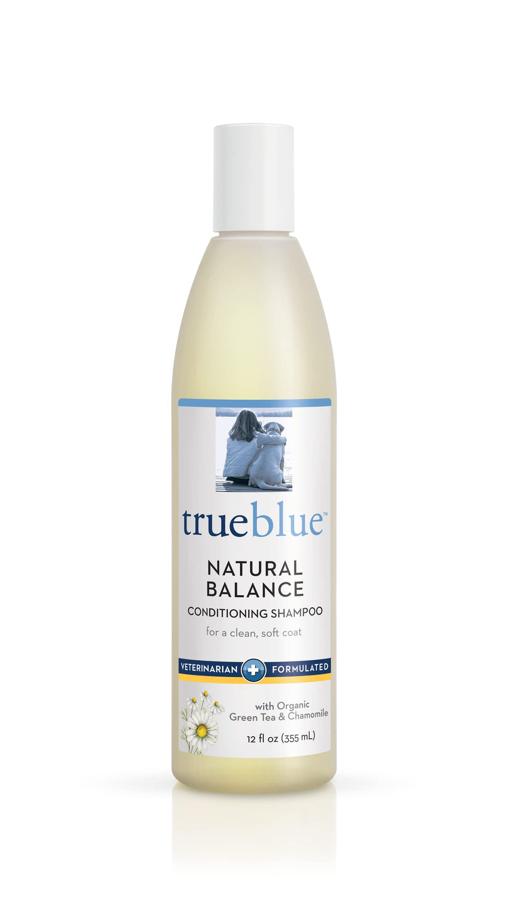 TrueBlue Natural Balance dog shampoo bottle with tearless cleansing formula.