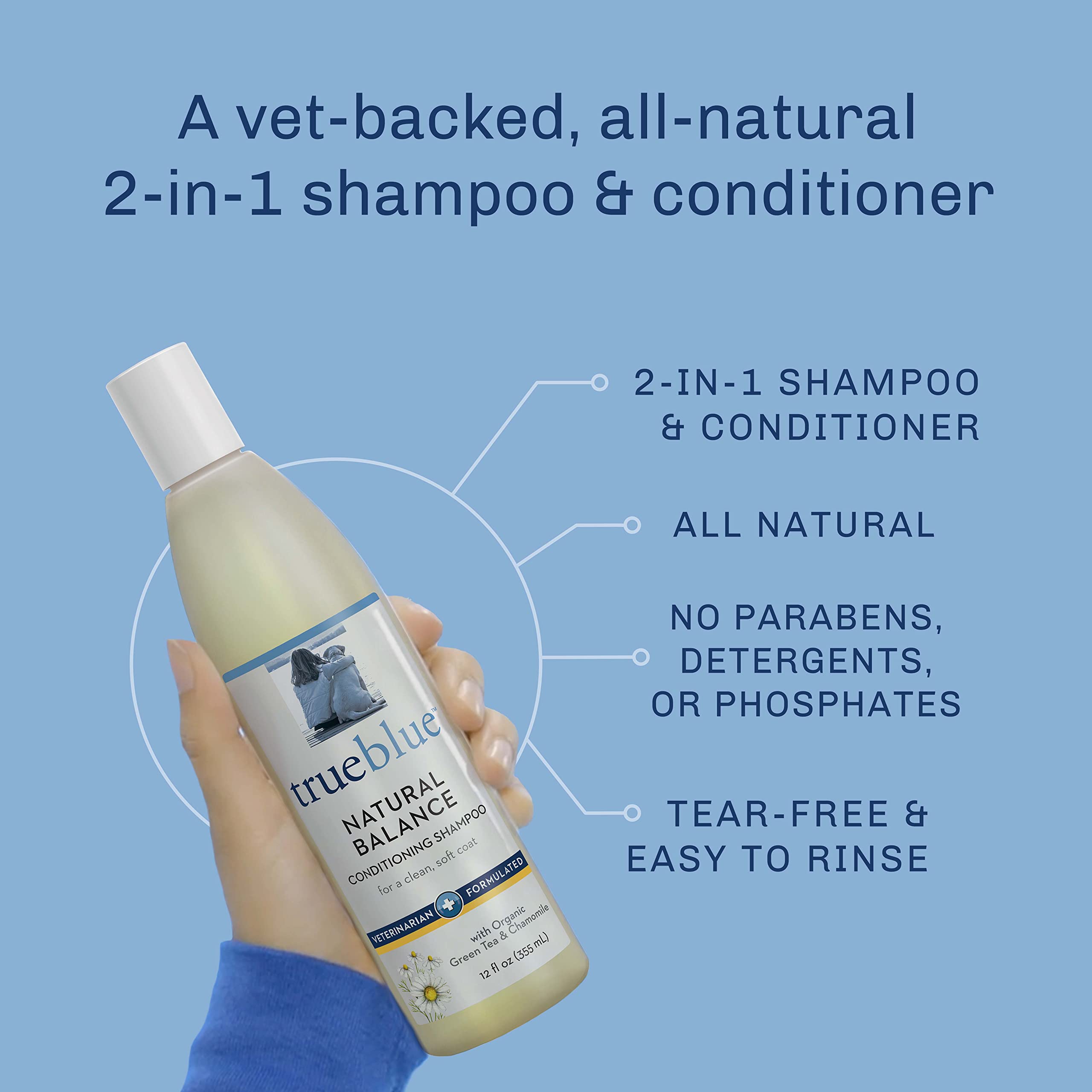 TrueBlue Natural Balance tearless formula bottle for easy rinsing during baths.