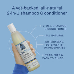 TrueBlue Natural Balance tearless formula bottle for easy rinsing during baths.