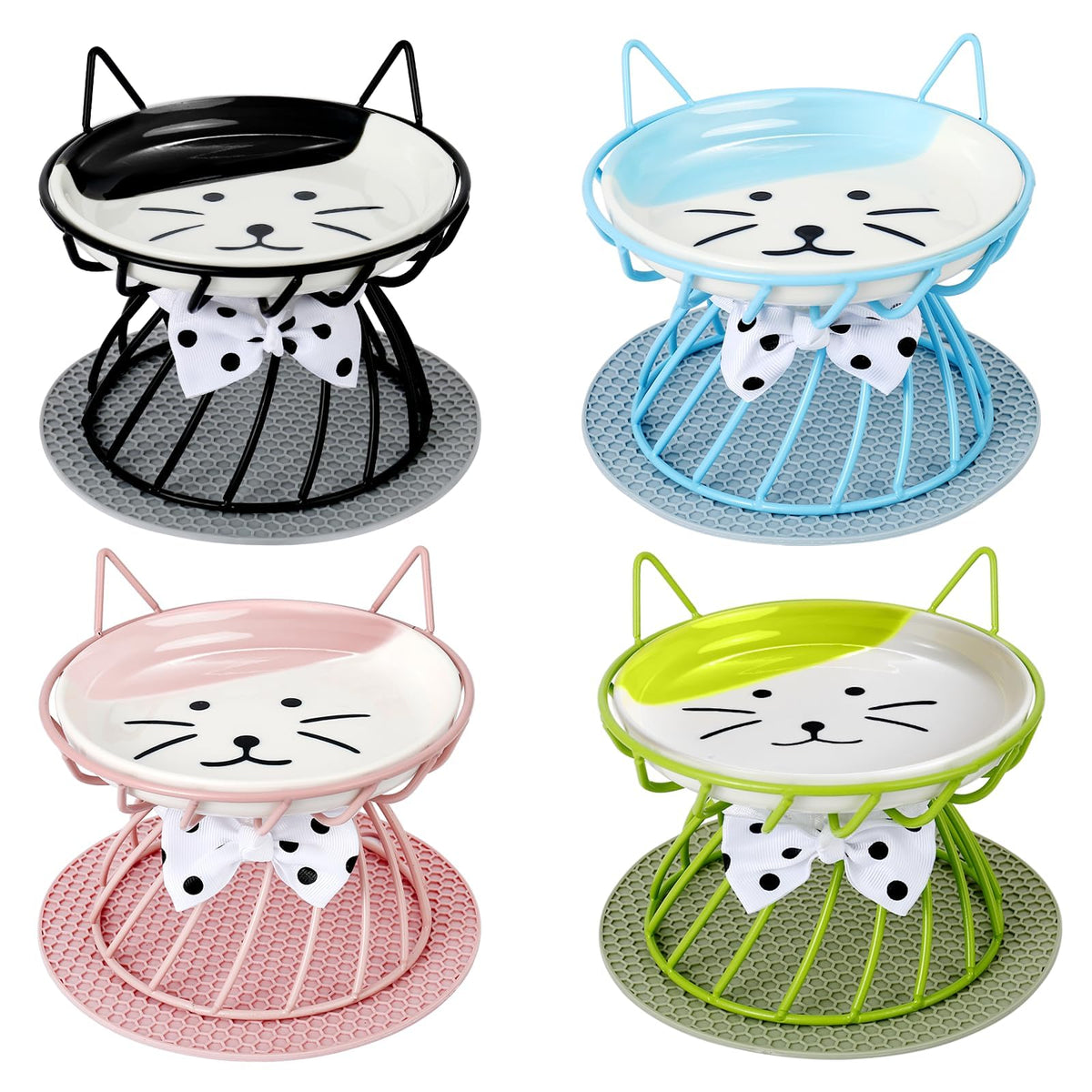 TRUNDISAN raised cat bowls 4pc set on a stand with non-slip mat for daily meals.
