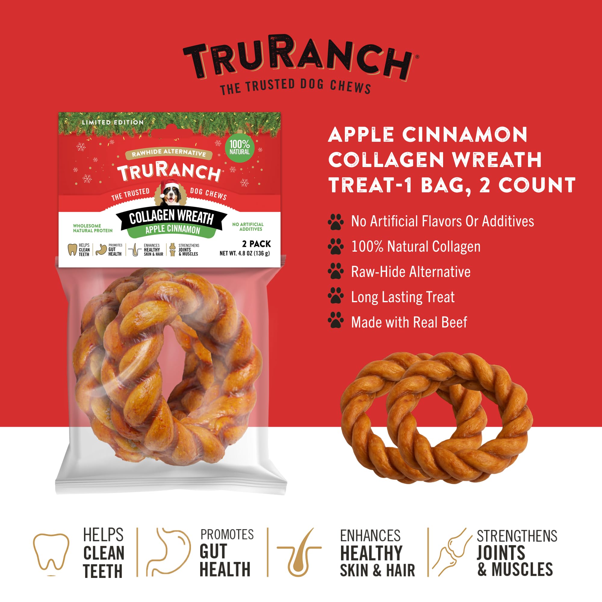 TRURANCH Apple Cinnamon Collagen Wreath bag front, rawhide-free holiday stocking stuffer option.