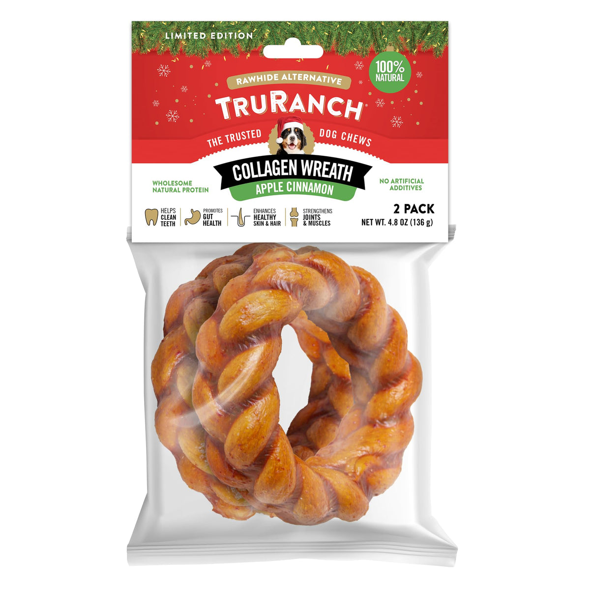 TRURANCH Apple Cinnamon Collagen Wreath closeup—chewy texture for dental-friendly chews.