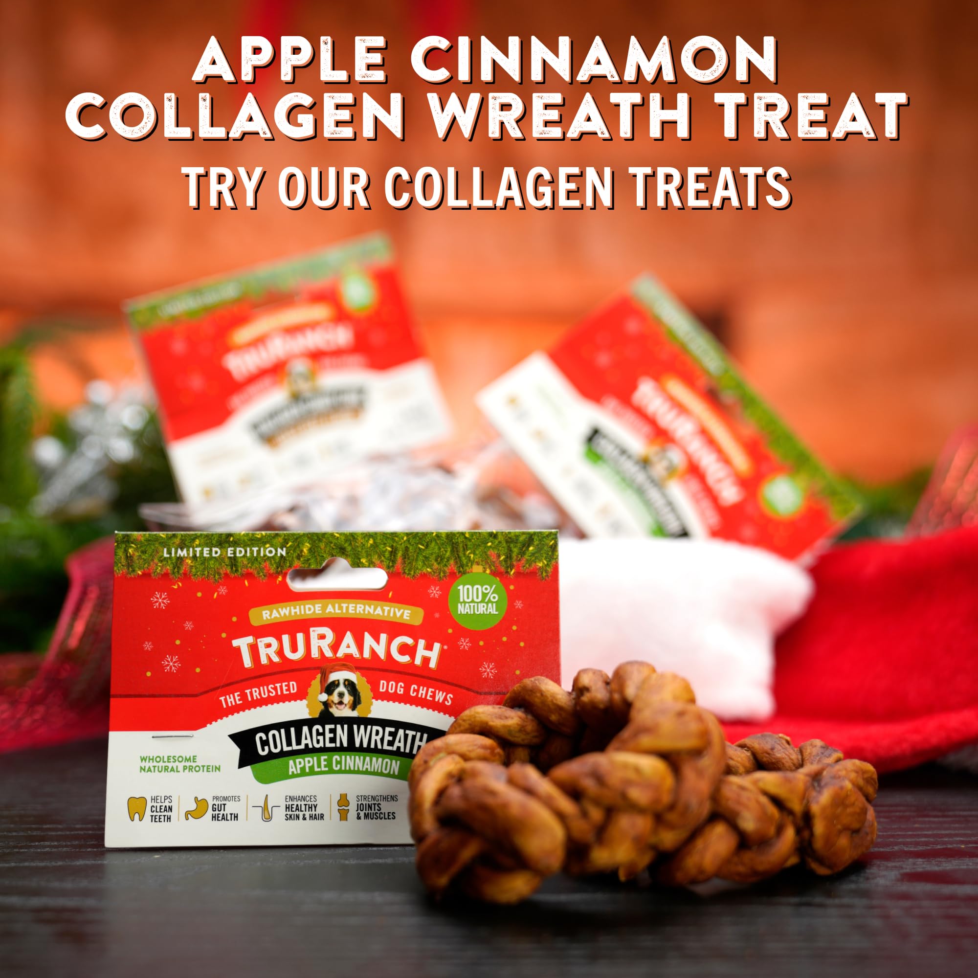 TRURANCH Apple Cinnamon Collagen Wreath dog enjoying chew, potential joint support.