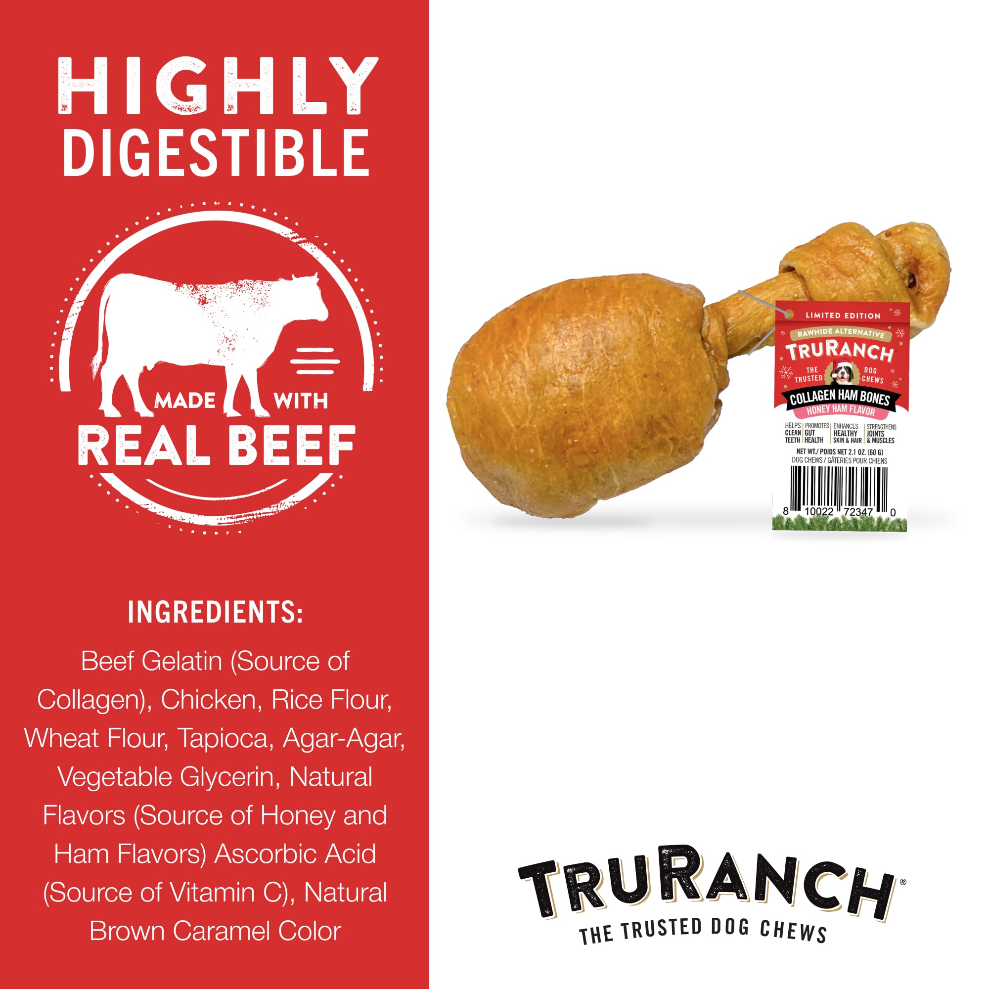 TRURANCH collagen drumsticks honey ham dog chewing during playtime with dental-friendly chew