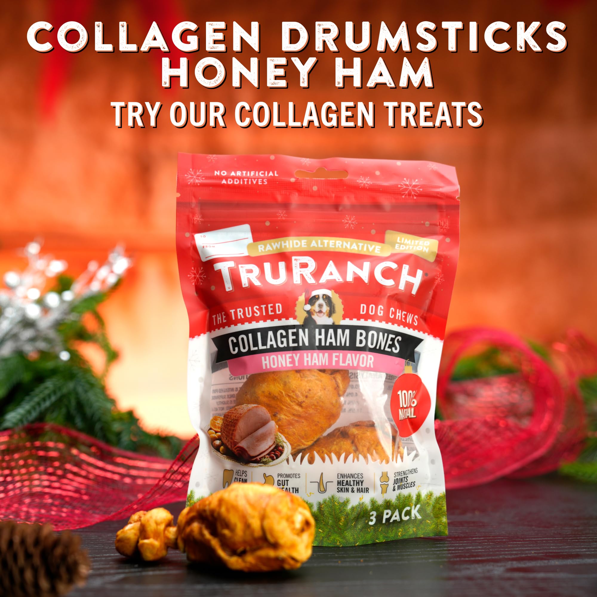 TRURANCH collagen drumsticks honey ham inside packaging with chewy texture close-up