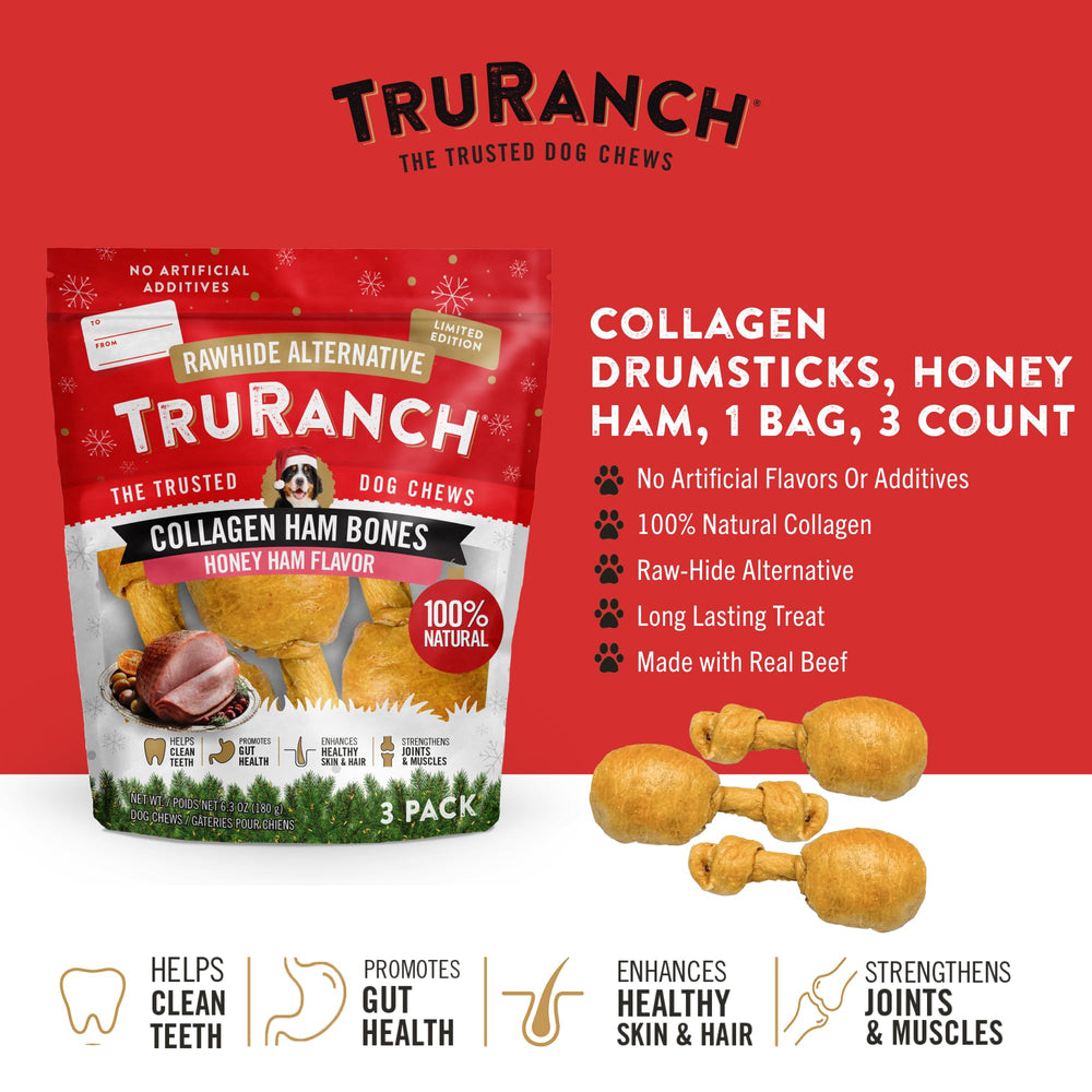 TRURANCH collagen drumsticks honey ham rawhide-free chew option for dogs with sensitivities