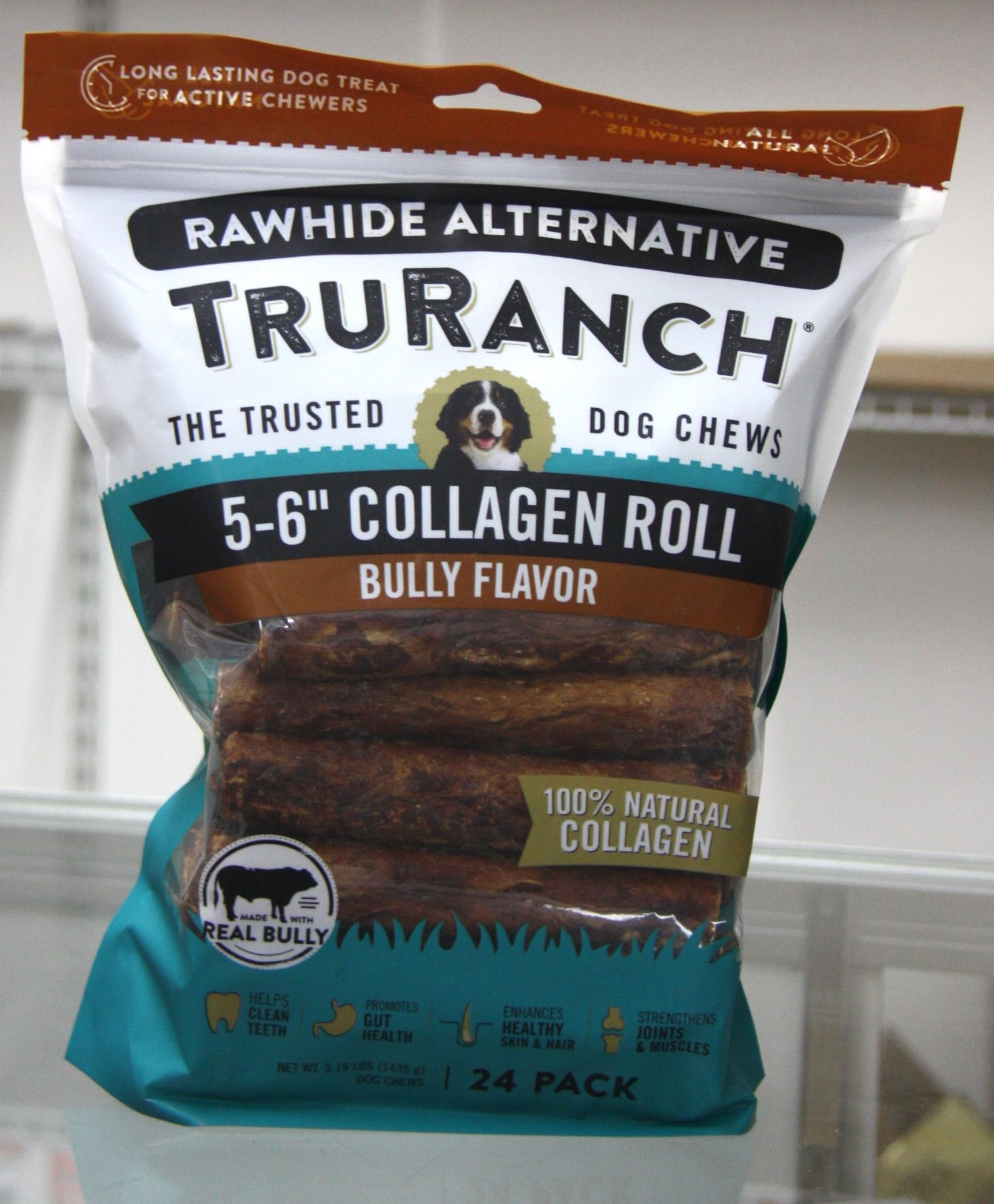 TRURANCH collagen roll bully flavor close-up showing durable chew texture for joint support