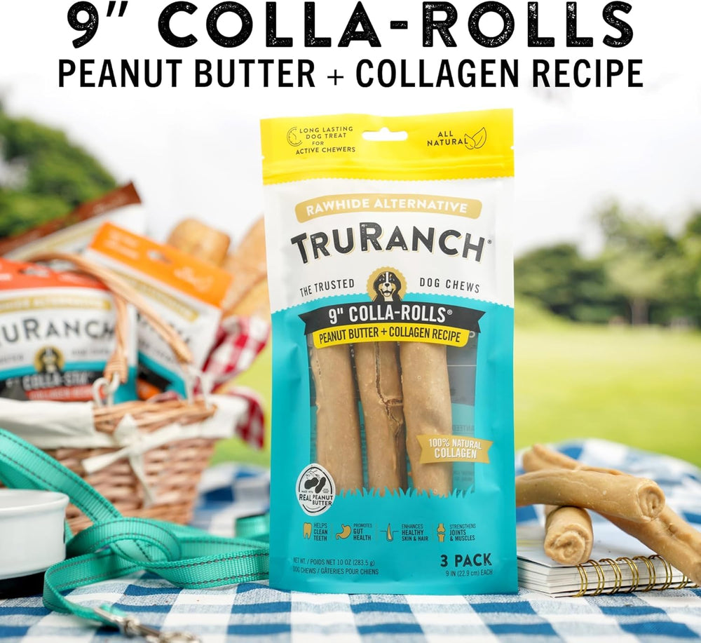 TRURANCH 9inch-collagen-rolls on countertop, ideal for long-lasting chewing sessions