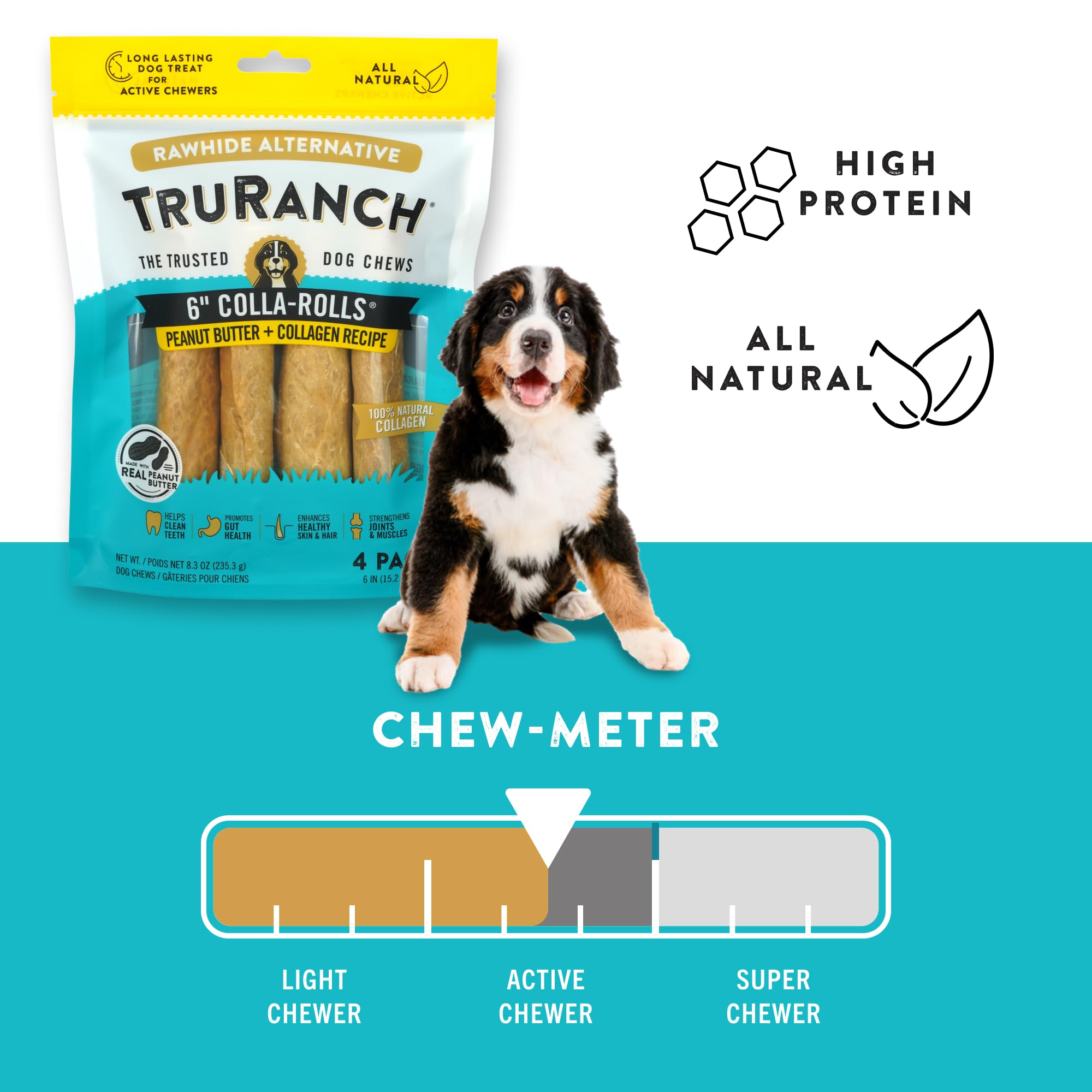 Texture zoom shows dense, durable collagen roll designed for long-lasting chew.