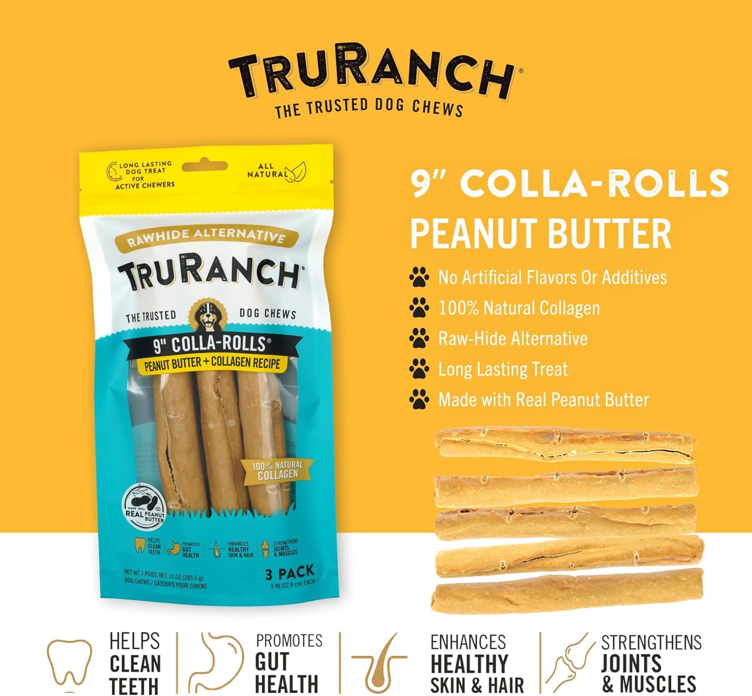 TRURANCH collagen-rolls beef-peanut-butter closeup, tasty flavor option with beef gelatin for healthy chewing