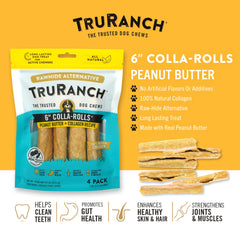 A dog chews a TRURANCH collagen roll, emphasizing dental health benefits.