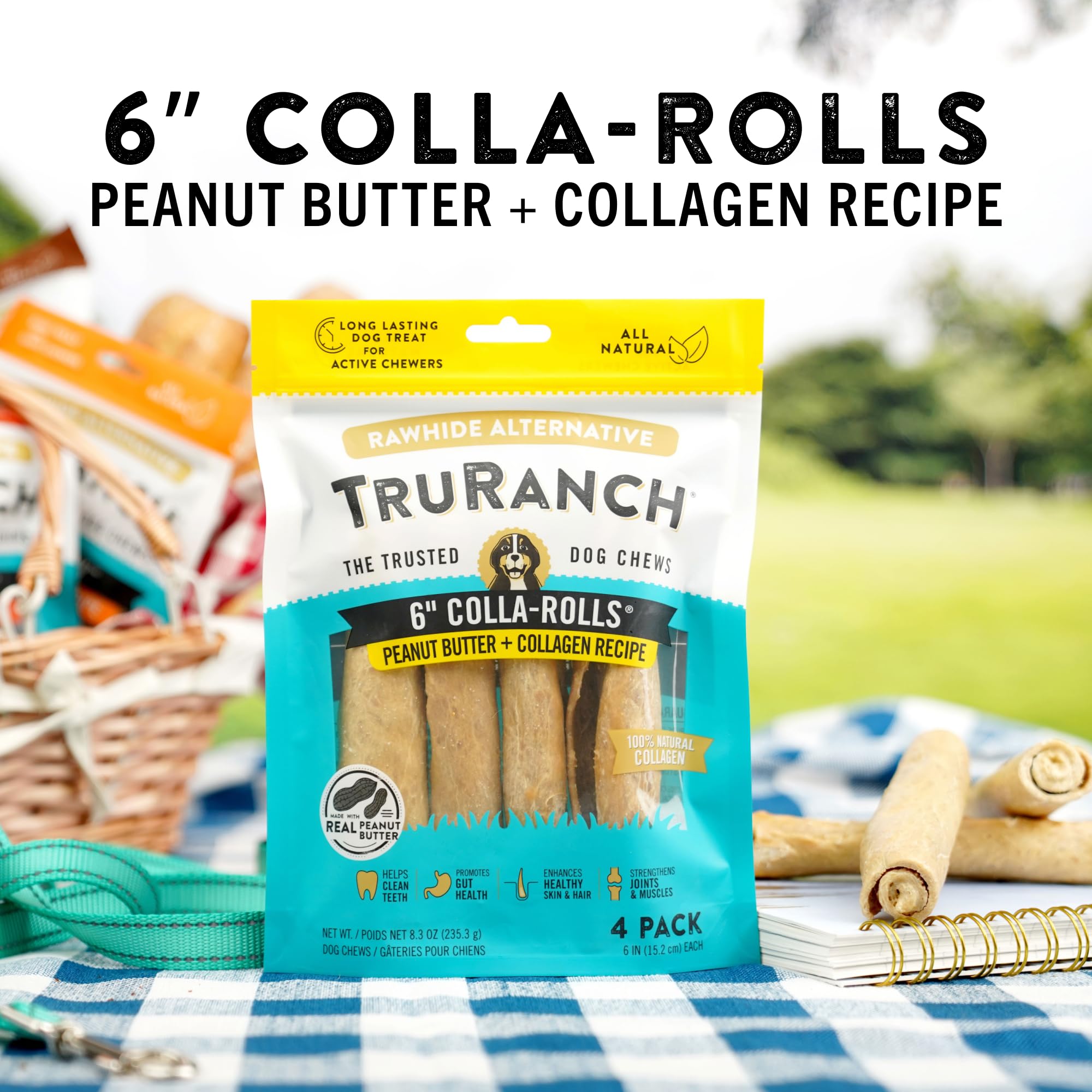Dog enjoying a TRURANCH collagen roll during playtime.
