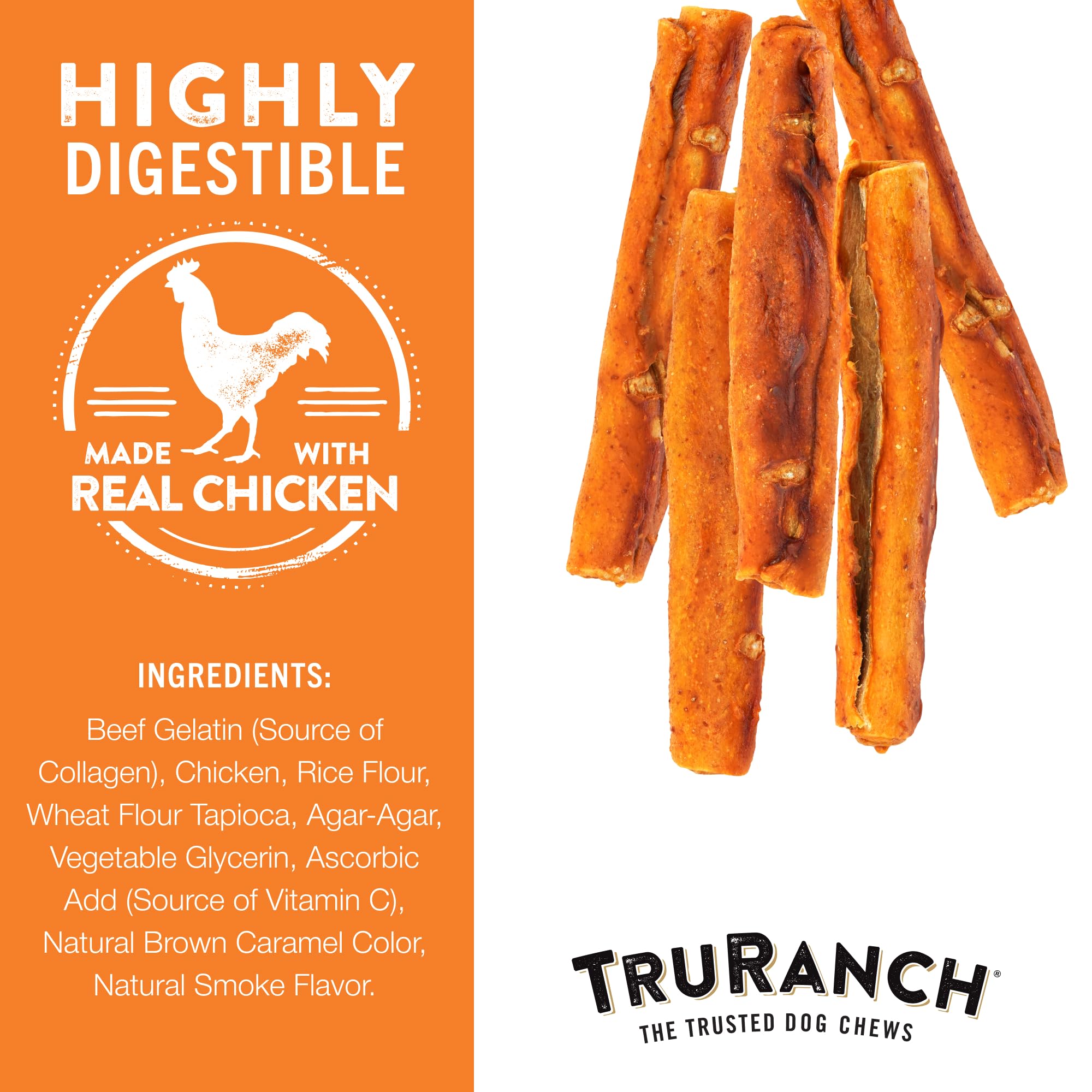 TRURANCH Collagen Rolls ingredients label closeup notes dairy soy corn free for sensitive dogs