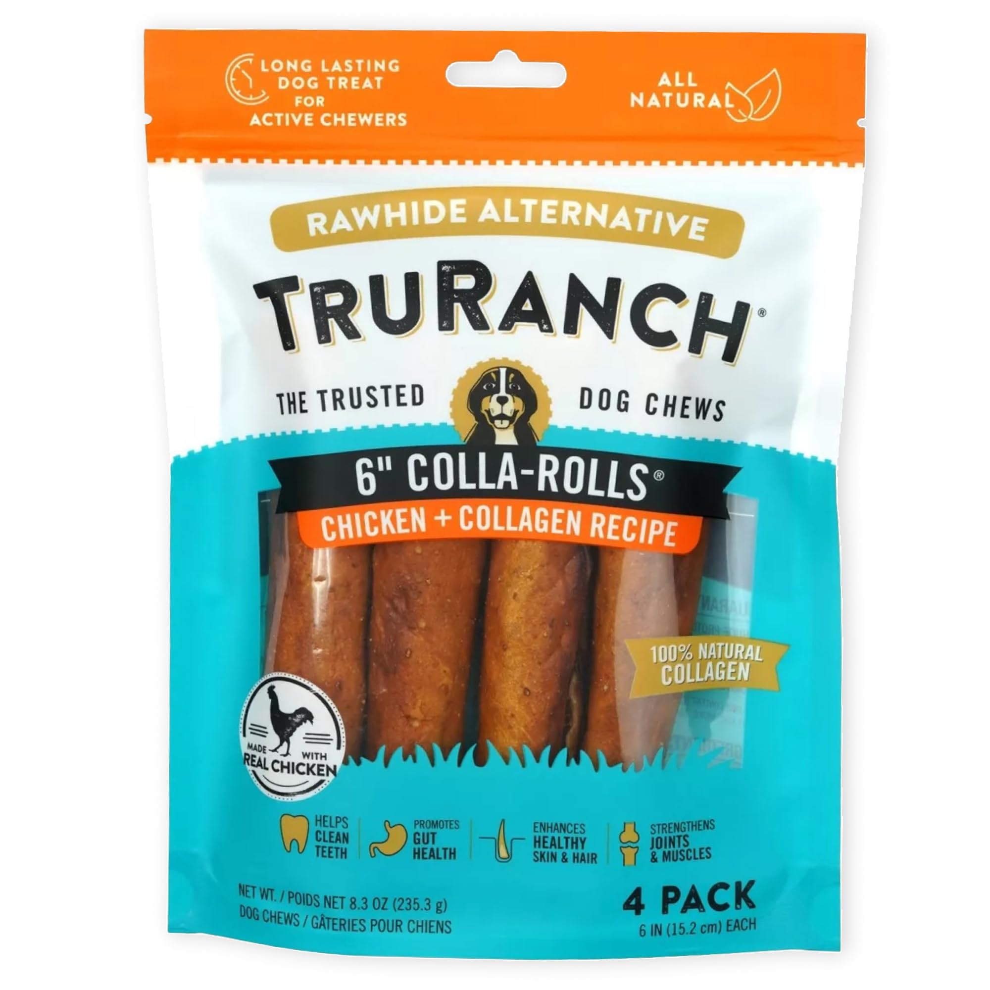 TRURANCH Collagen Rolls dog treat pack closeup highlighting a long lasting chew
