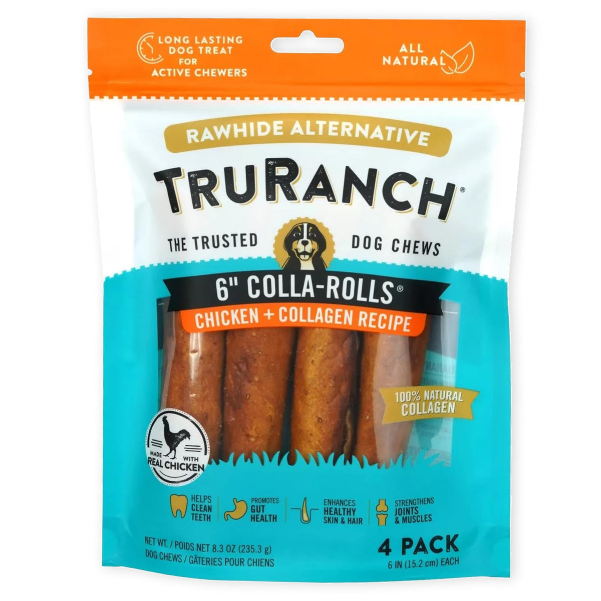TRURANCH Collagen Rolls dog treat pack closeup highlighting a long lasting chew