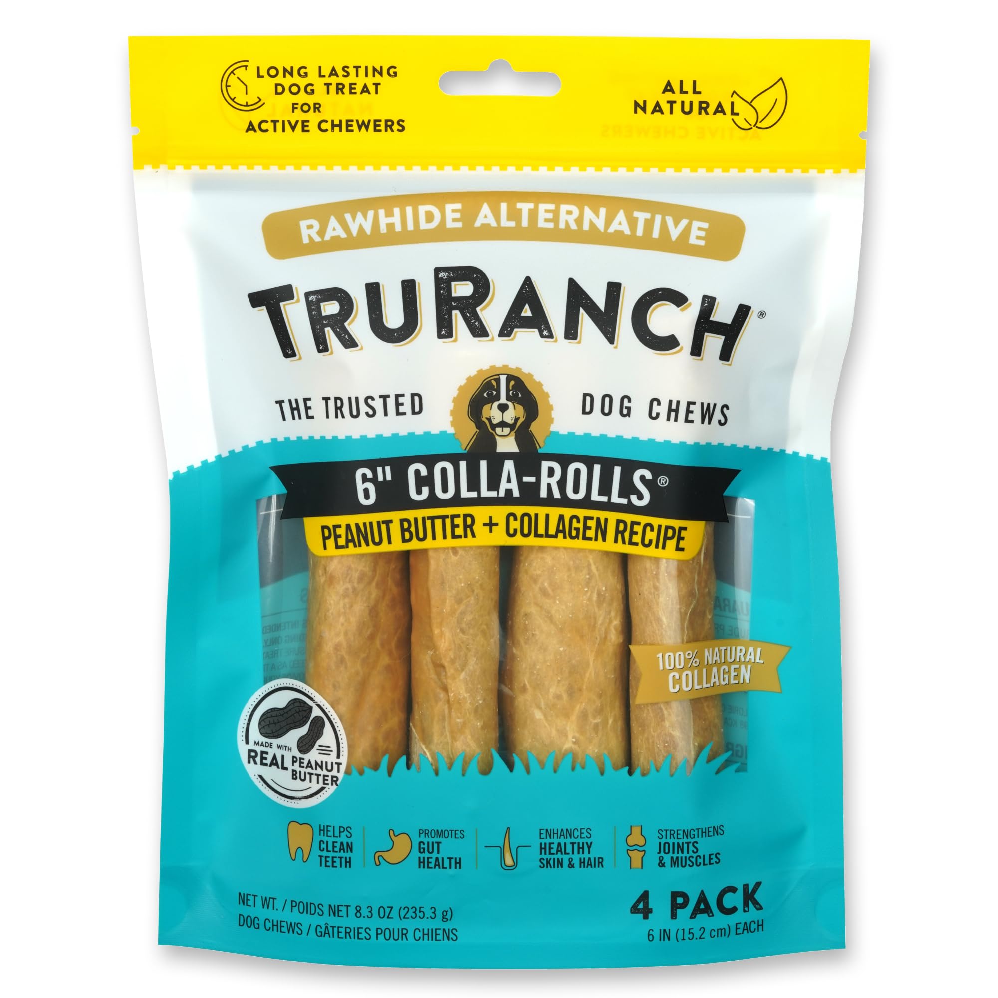 TRURANCH Collagen Rolls packaging highlights 6-inch dog treats for joint support.